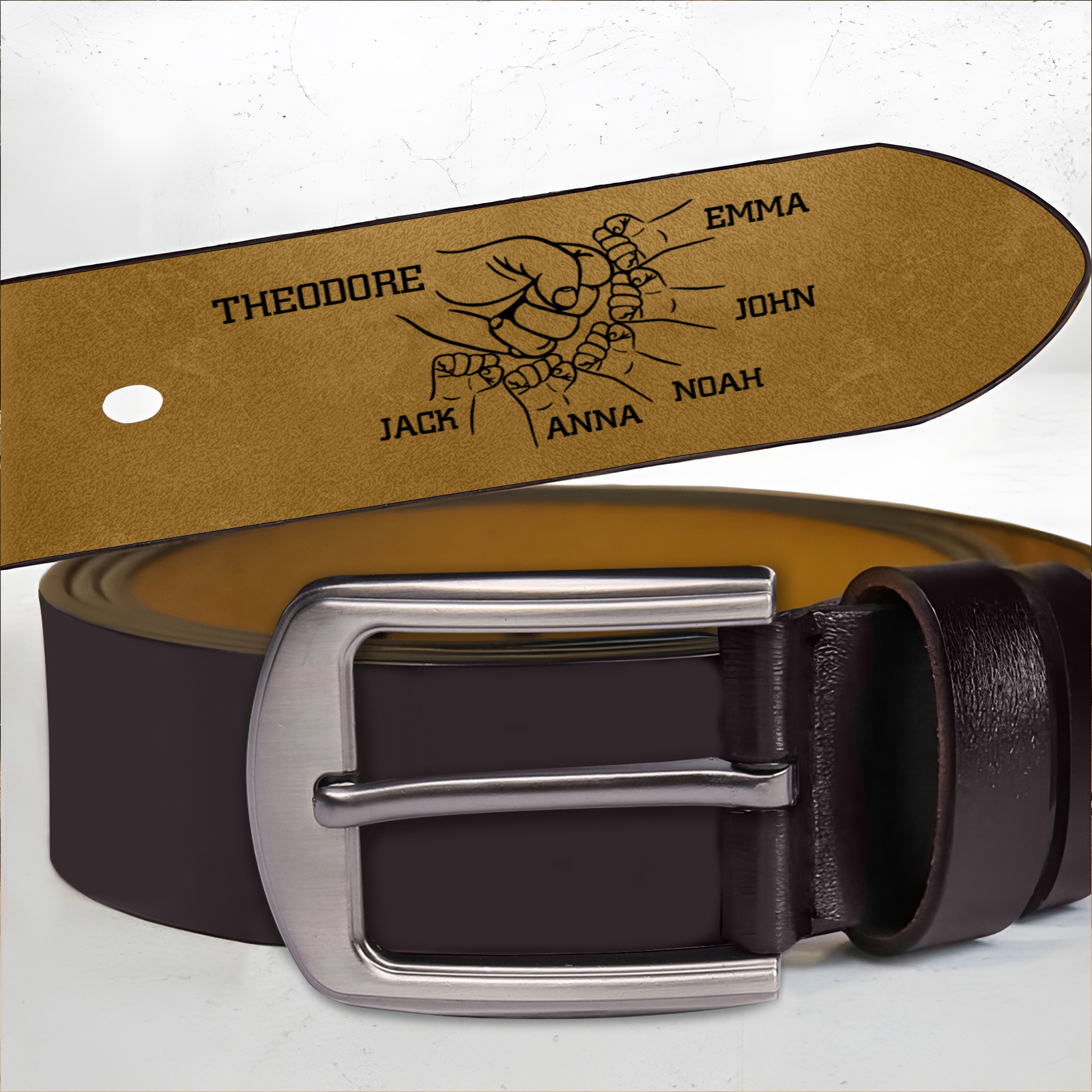Personalised Fist Leather Belt Engraved 3-7 Names Adjustable Length Belt Gift for Dad