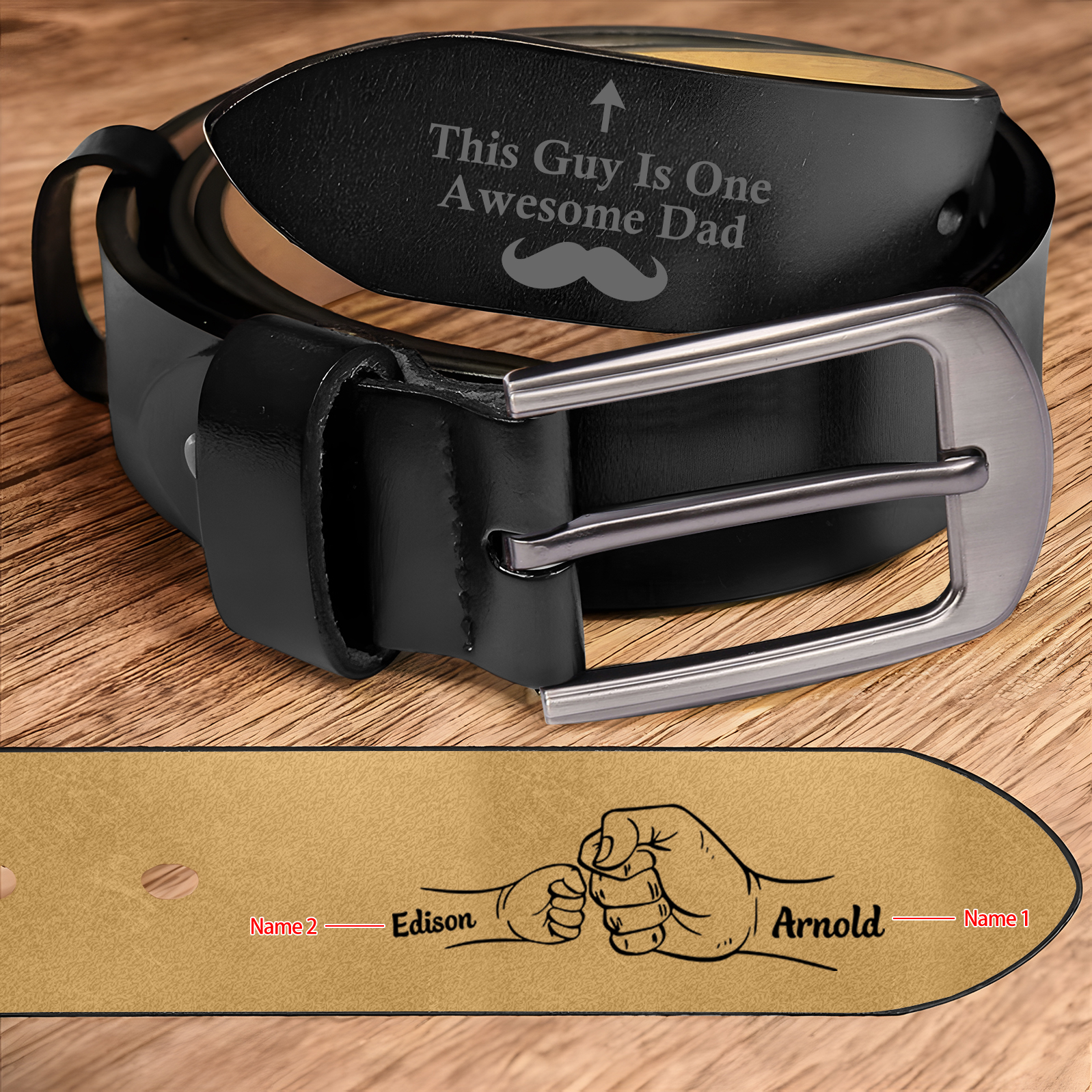 Personalised Leather Belt, Custom Engraved 2 Names Belt Gift for Dad | Jessemade