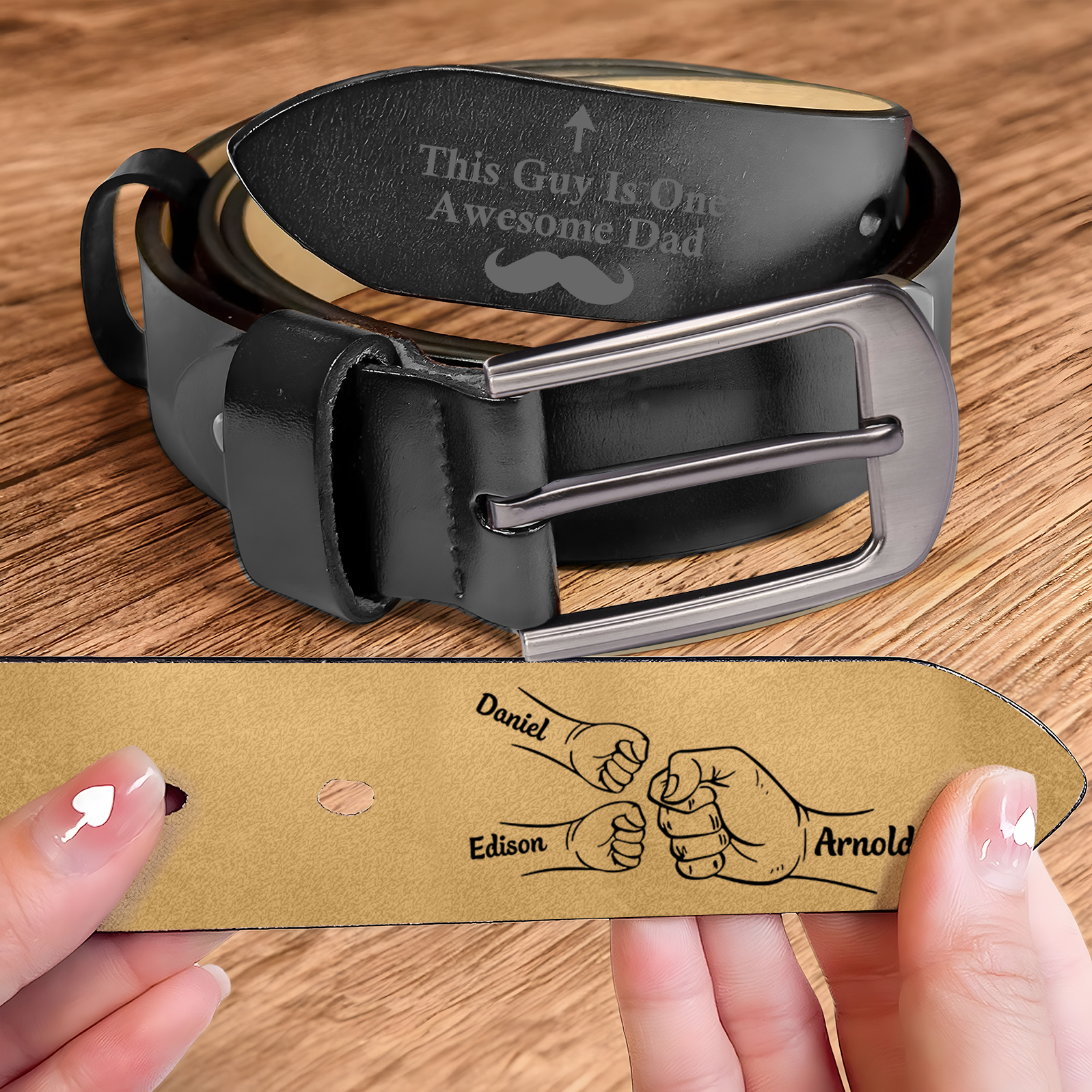 Personalised Leather Belt, Custom Engraved 3 Names Belt Gift for Dad | Jessemade