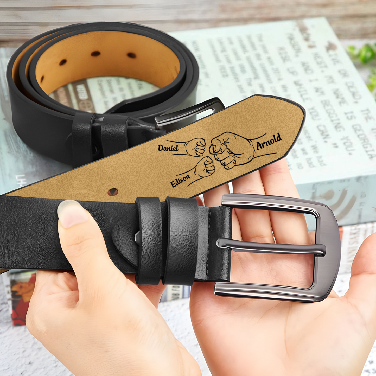 Personalised Leather Belt, Custom Engraved 3 Names Belt Gift for Dad | Jessemade