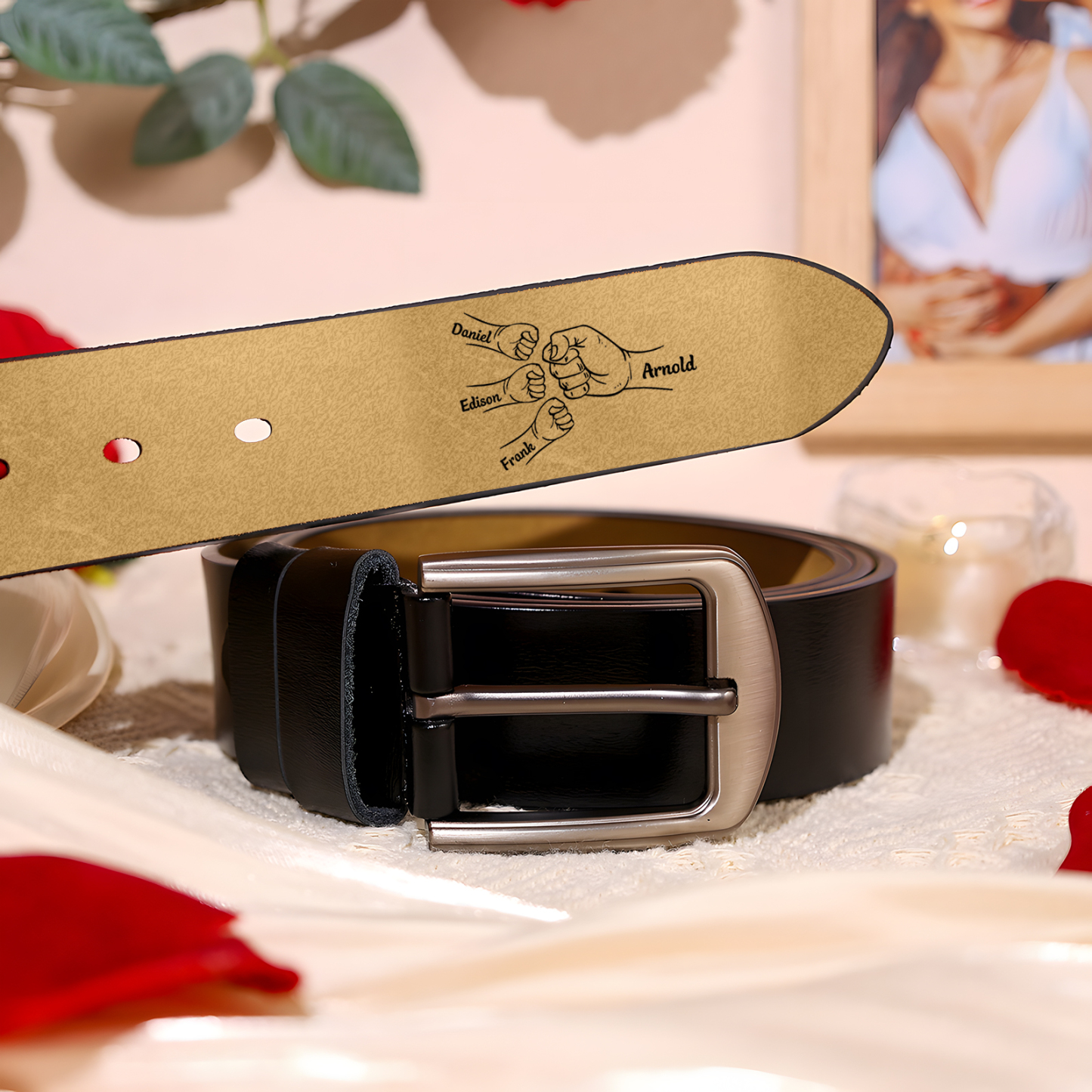 Personalised Leather Belt, Custom Engraved 4 Names Belt Gift for Dad | Jessemade