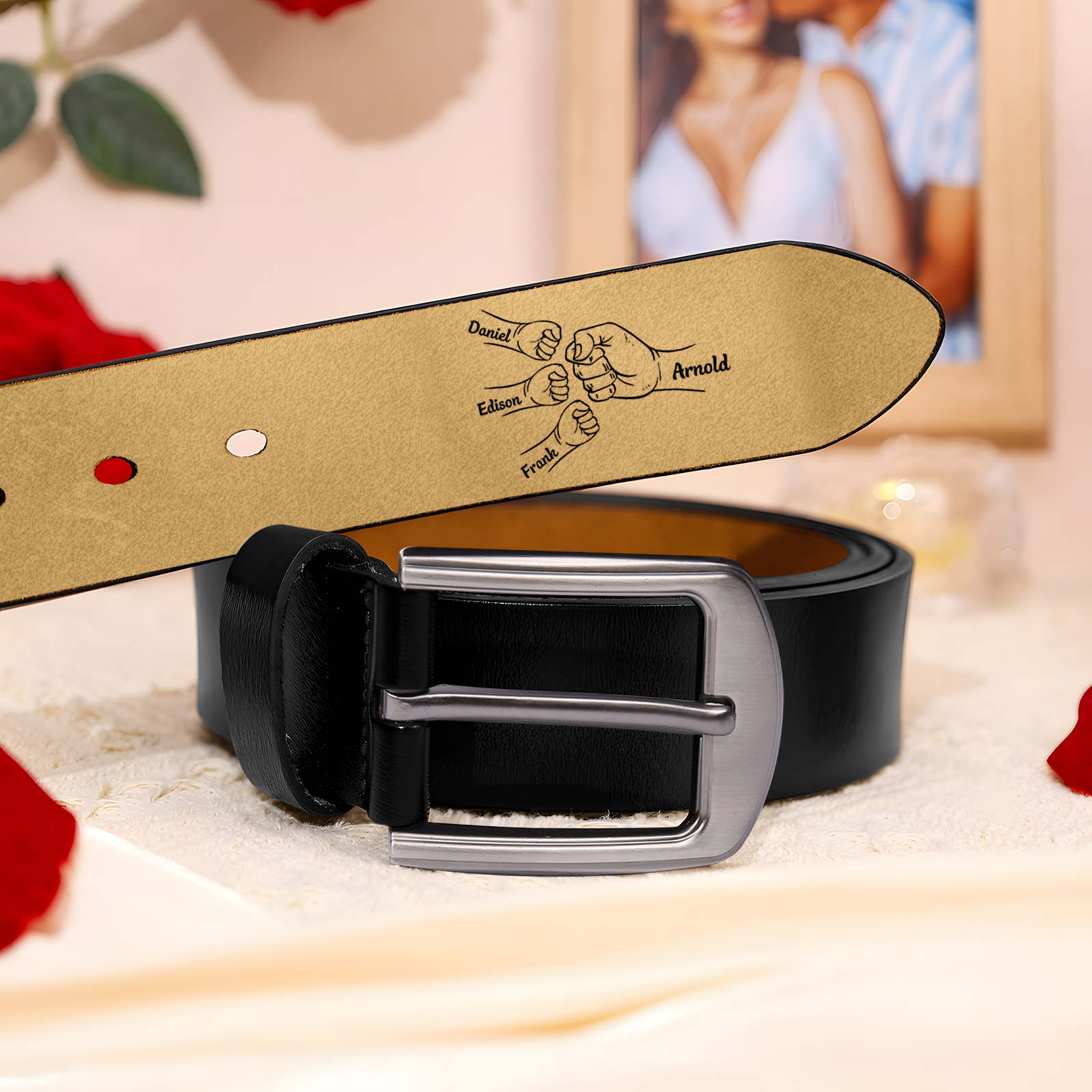 Personalised Leather Belt, Custom Engraved 4 Names Belt Gift for Dad | Jessemade