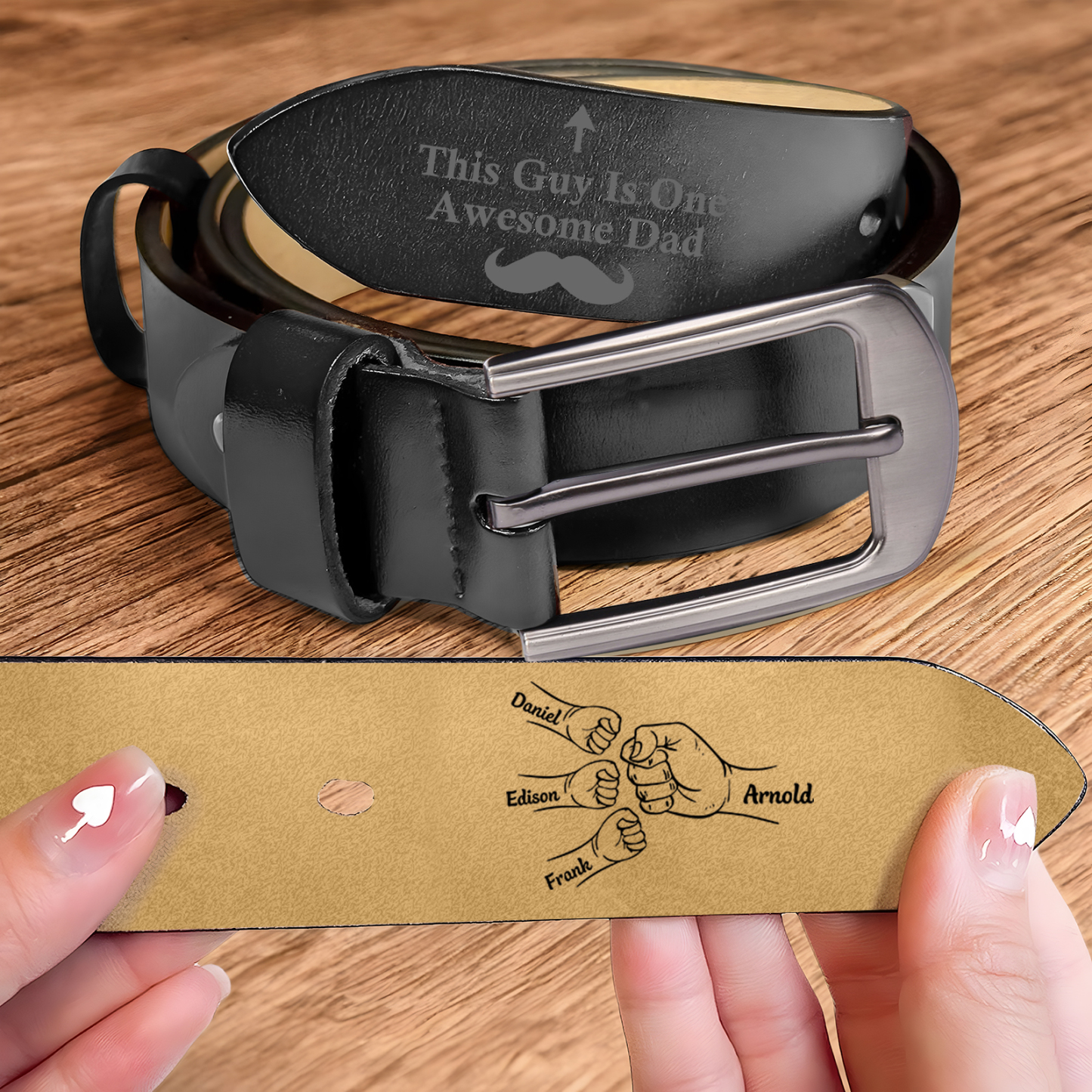 Personalised Leather Belt, Custom Engraved 4 Names Belt Gift for Dad | Jessemade
