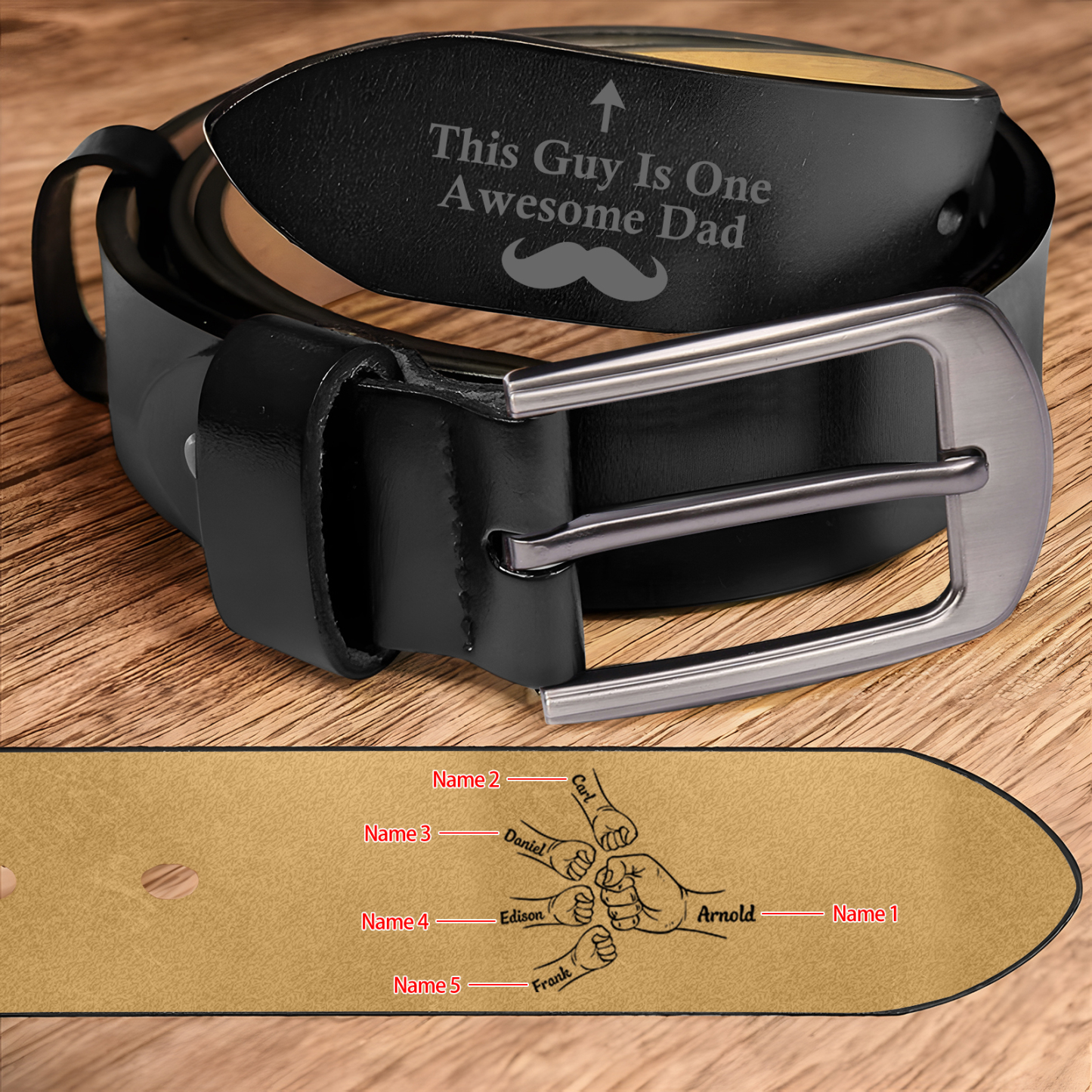 Personalised Leather Belt, Custom Engraved 5 Names Belt Gift for Dad | Jessemade