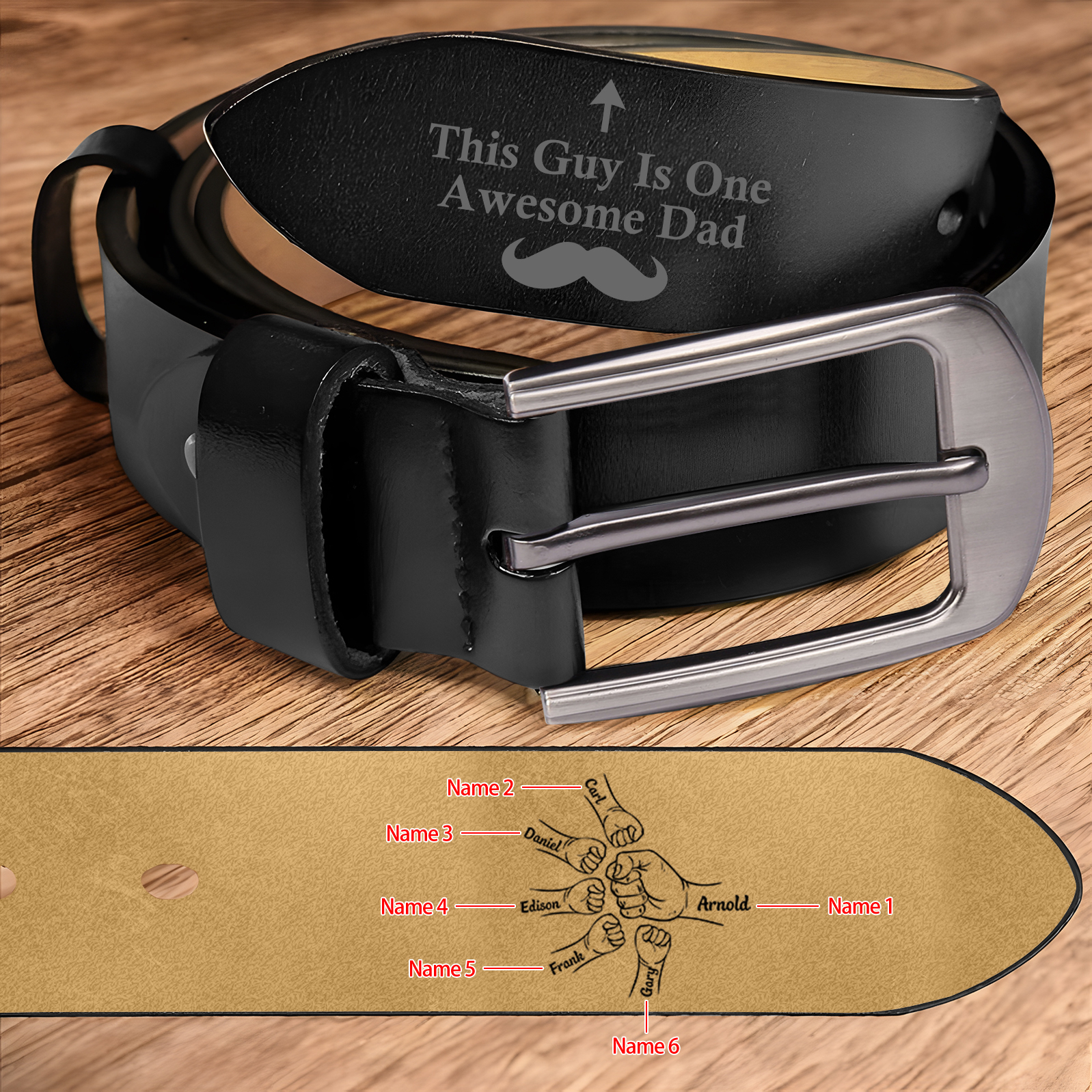 Personalised Leather Belt, Custom Engraved 6 Names Belt Gift for Dad | Jessemade