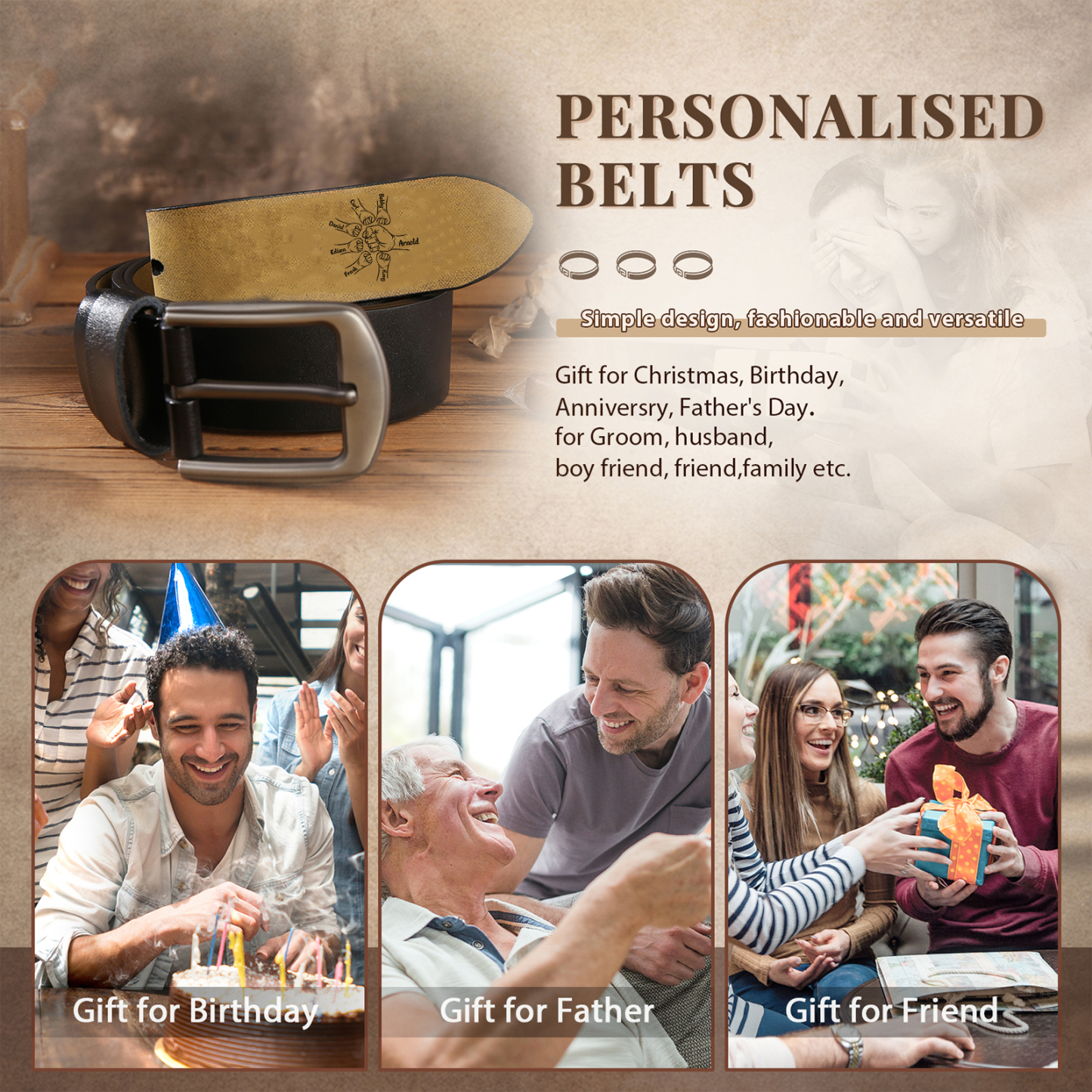Personalised Leather Belt, Custom Engraved 7 Names Belt Gift for Dad | Jessemade