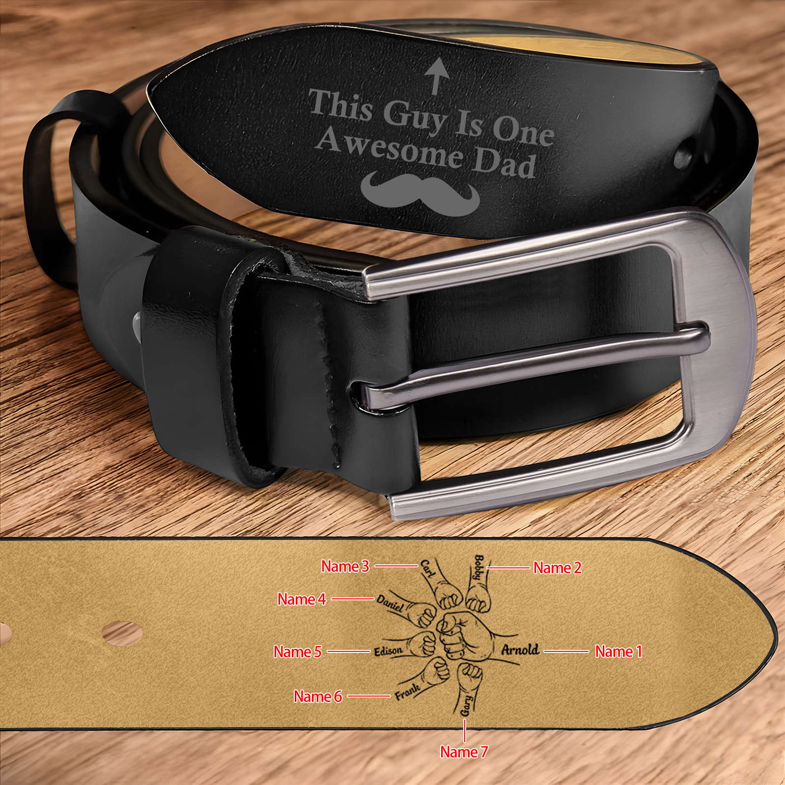 Personalised Leather Belt, Custom Engraved 7 Names Belt Gift for Dad | Jessemade