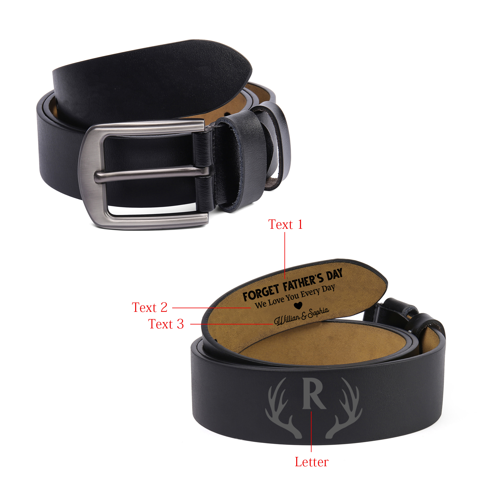 Personalised Leather Belt, Custom Engraved 3 Texts & Letter Belt Gift for Dad | Jessemade