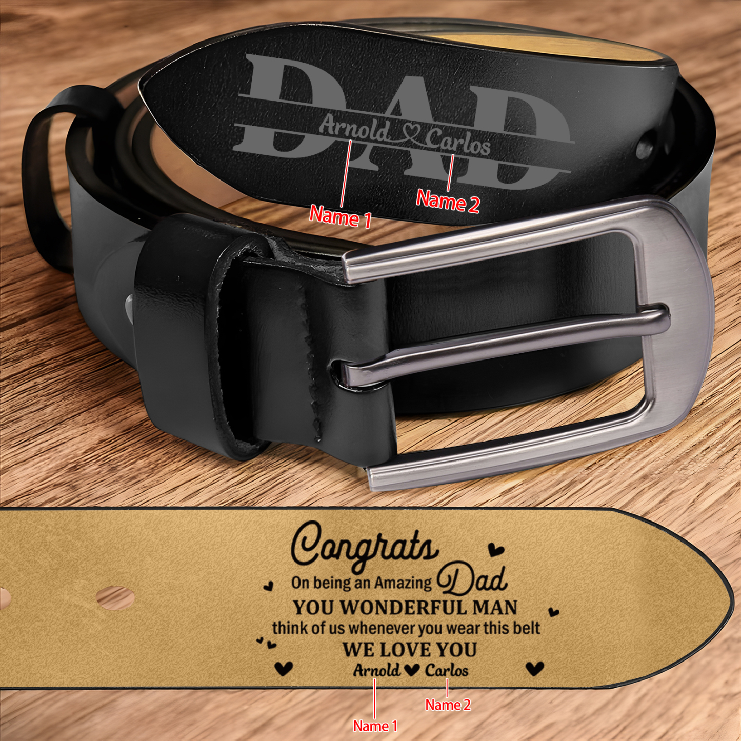Personalised 2 Names Leather Belt, Custom You Wonderful Man Belt Gift for Dad | Jessemade