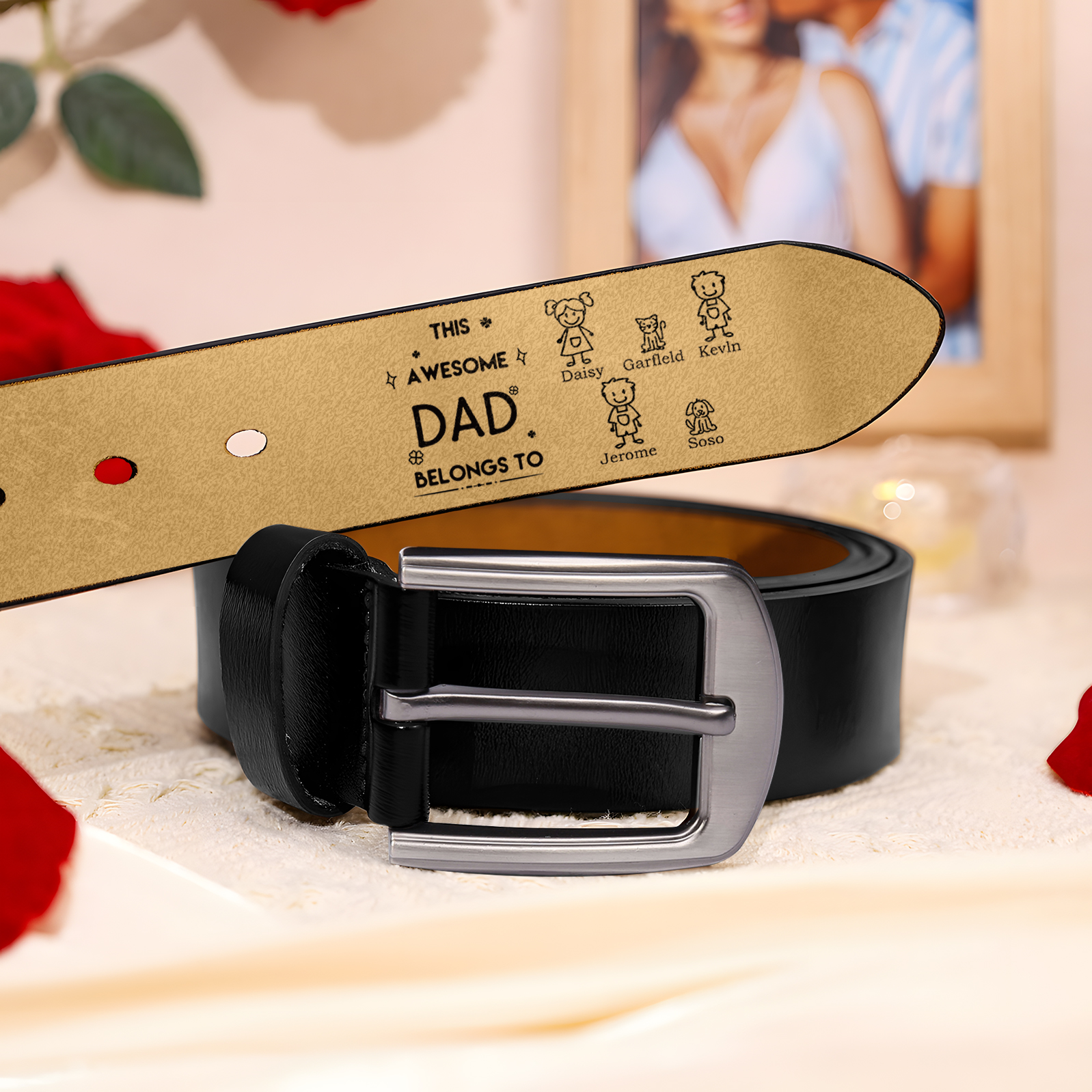 Personalised 1-6 Names Leather Belt, Custom Adjustable Men's Belt Gift for Dad or Granddad