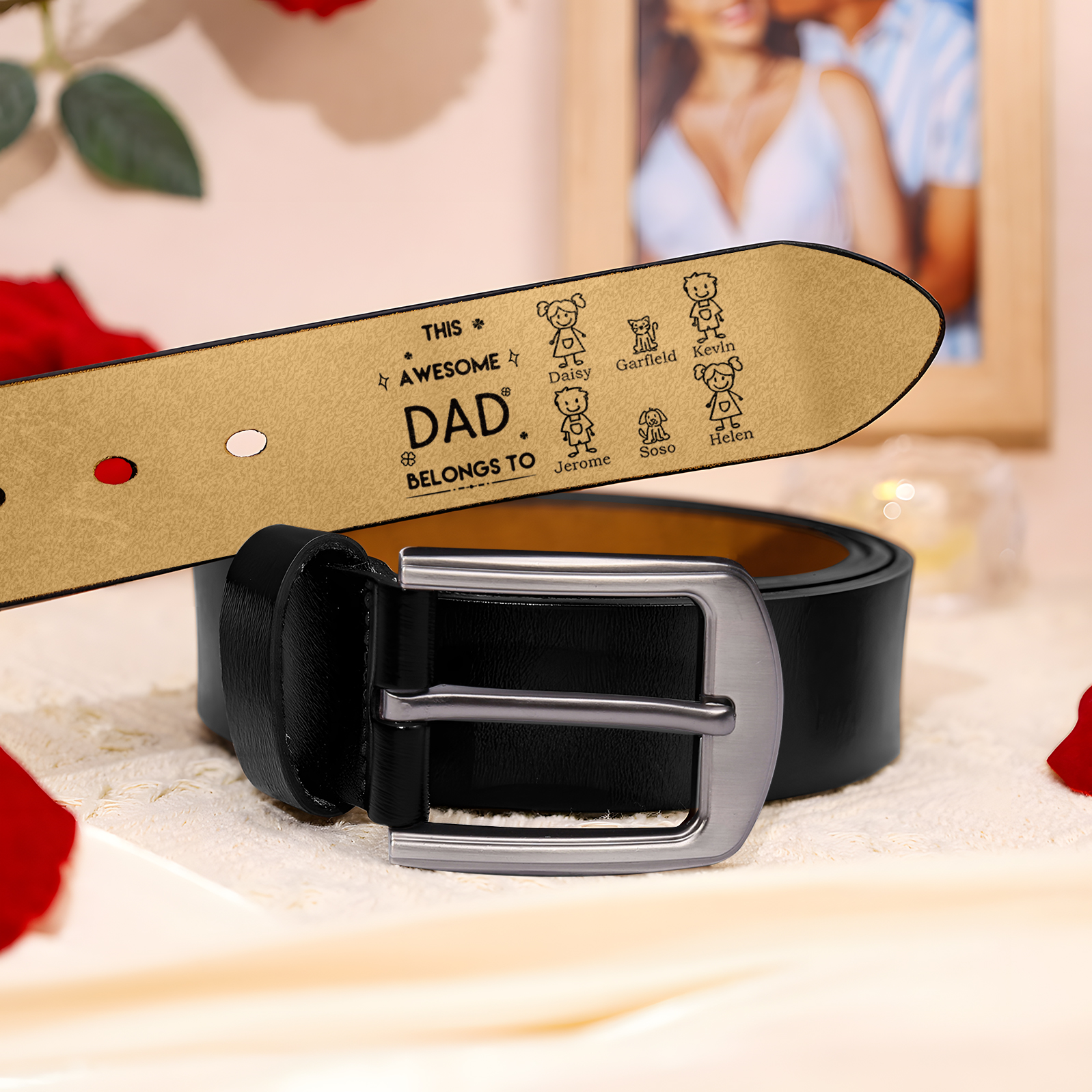 Personalised 1-6 Names Leather Belt, Custom Adjustable Men's Belt Gift for Dad or Granddad