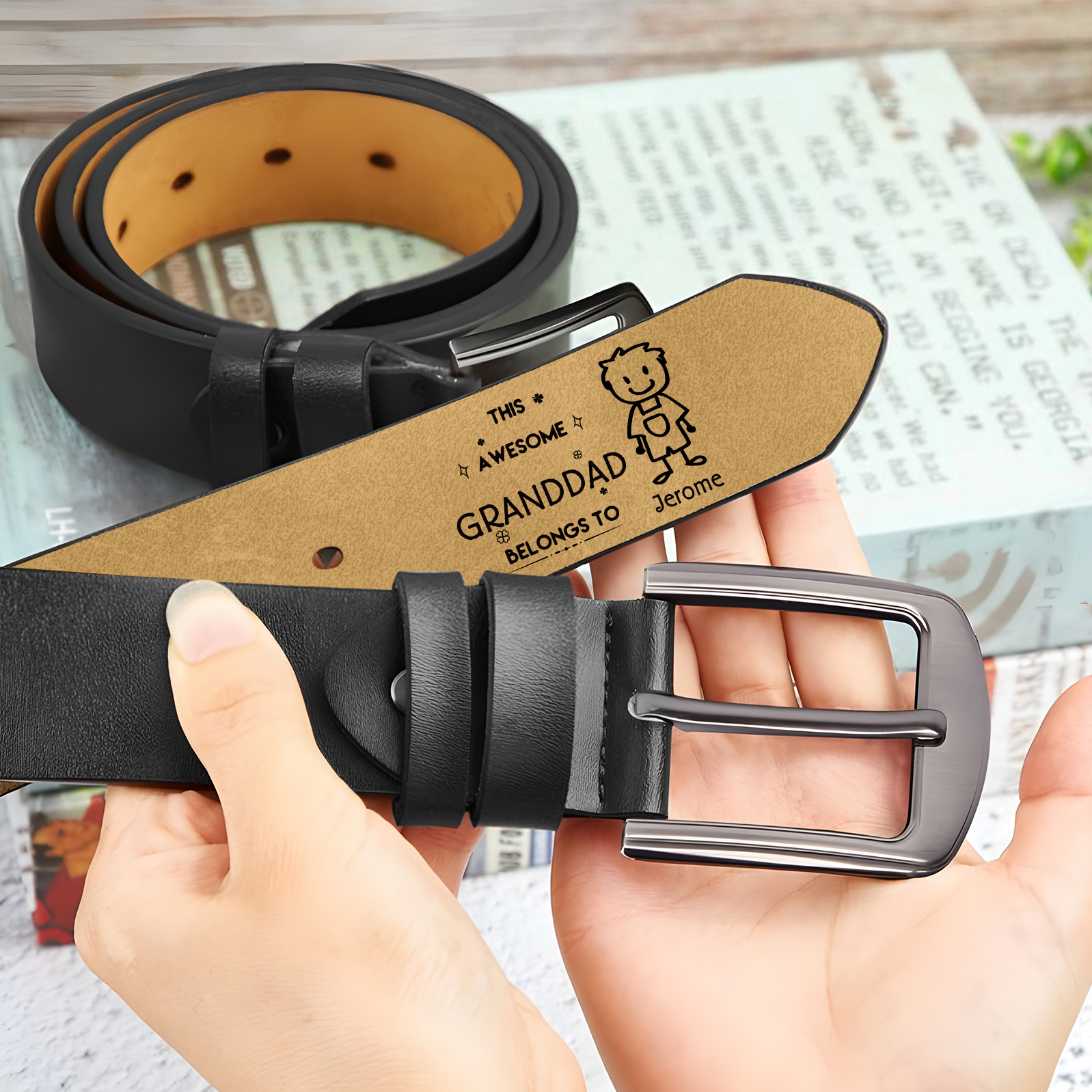 Personalised 1Name Leather Belt, Custom Adjustable Man Belt Gift for Dad/Granddad | Jessemade
