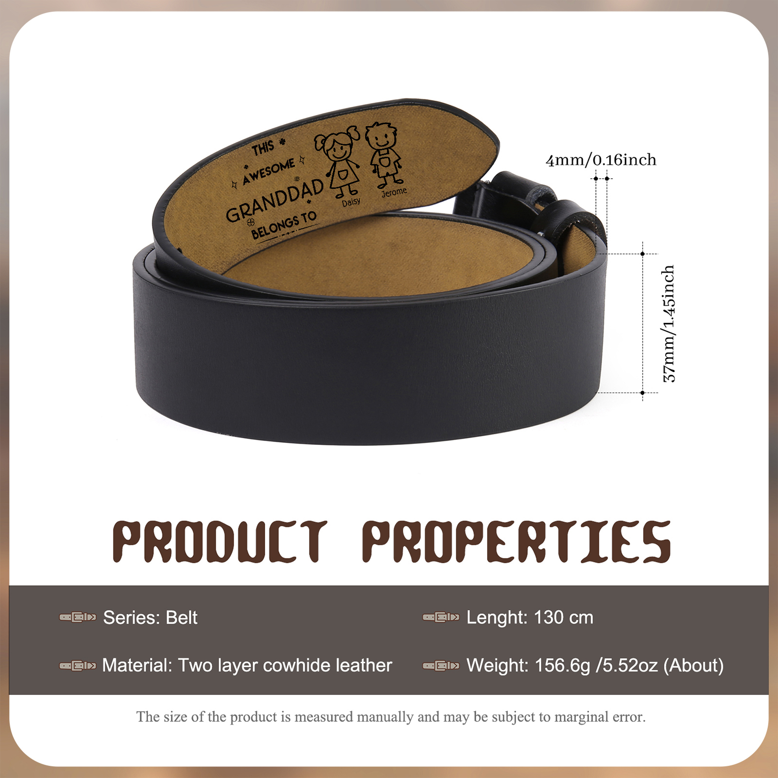 Personalised 2Name Leather Belt, Custom Adjustable Man Belt Gift for Dad/Granddad | Jessemade