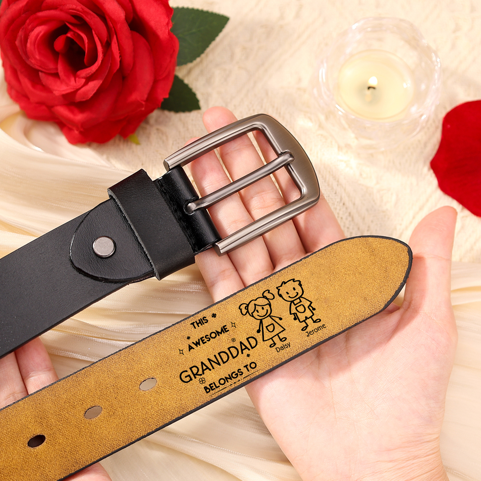 Personalised 2Name Leather Belt, Custom Adjustable Man Belt Gift for Dad/Granddad | Jessemade