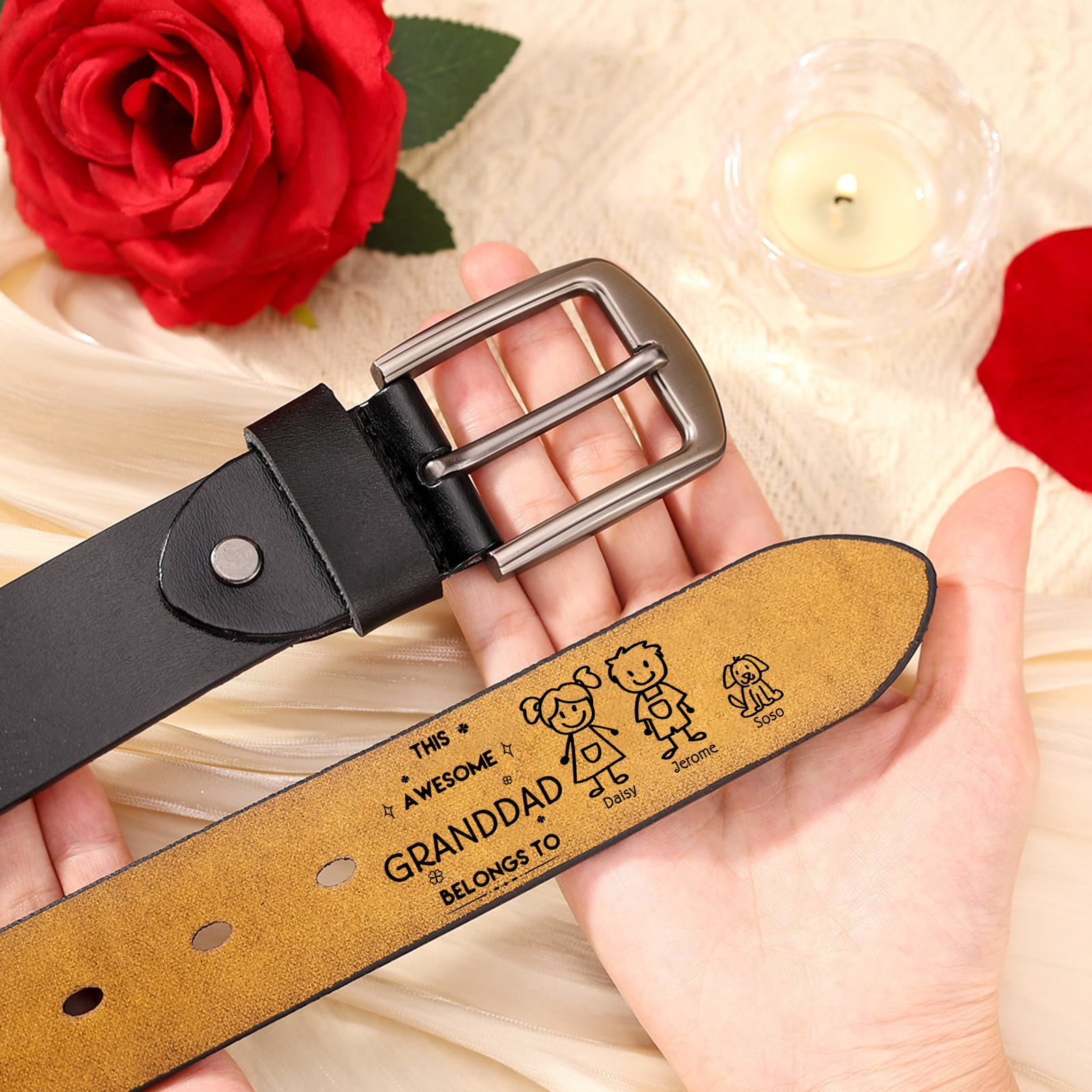 Personalised 3Names Leather Belt, Custom Adjustable Man Belt Gift for Dad/Granddad | Jessemade