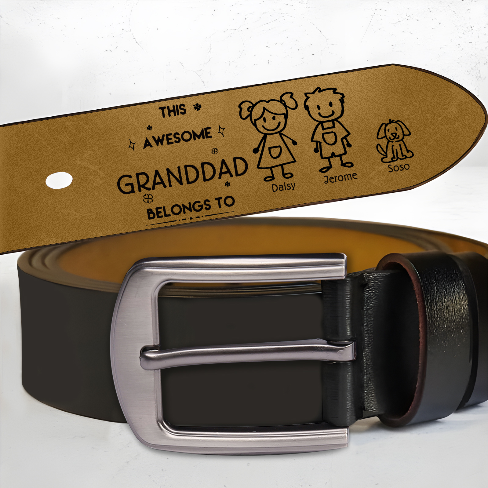 Personalised 3 Names Leather Belt, Custom Adjustable Man Belt Gift for Dad/Granddad | Jessemade