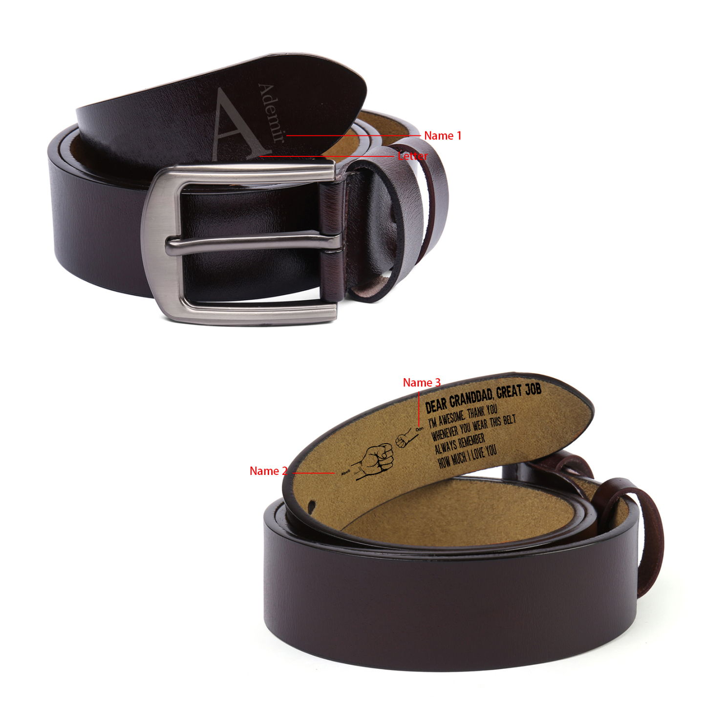 Personalised 3 Names&1 Letter Leather Belt, Custom Adjustable Man Belt Gift for Dad/Granddad | Jessemade