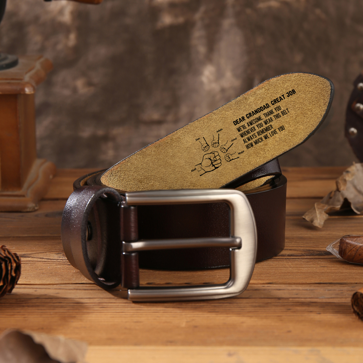 Personalised 6 Names & 1 Letter Leather Belt, Custom Adjustable Man Belt Gift for Dad/Granddad | Jessemade