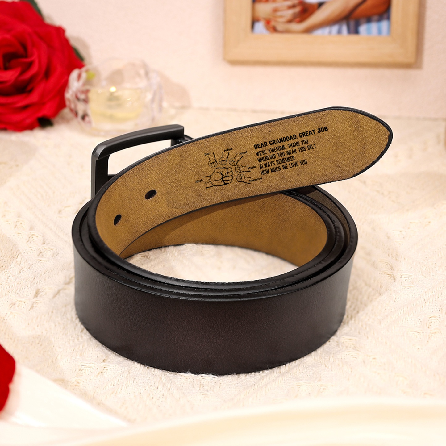 Personalised 7 Names & 1 Letter Leather Belt, Custom Adjustable Man Belt Gift for Dad/Granddad | Jessemade