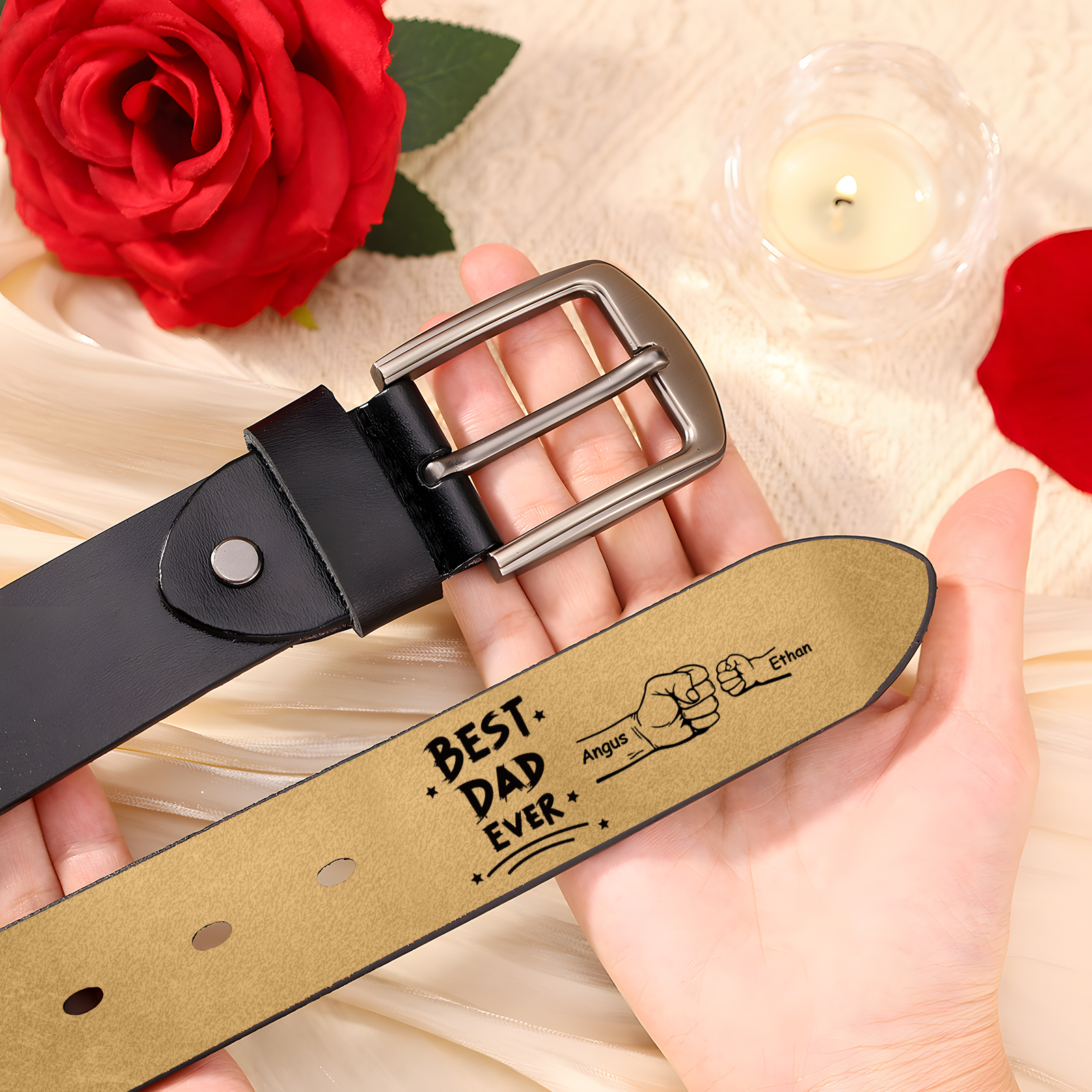 Personalised 2 Names Leather Belt, Custom Adjustable Man Belt Gift for Dad/Granddad | Jessemade