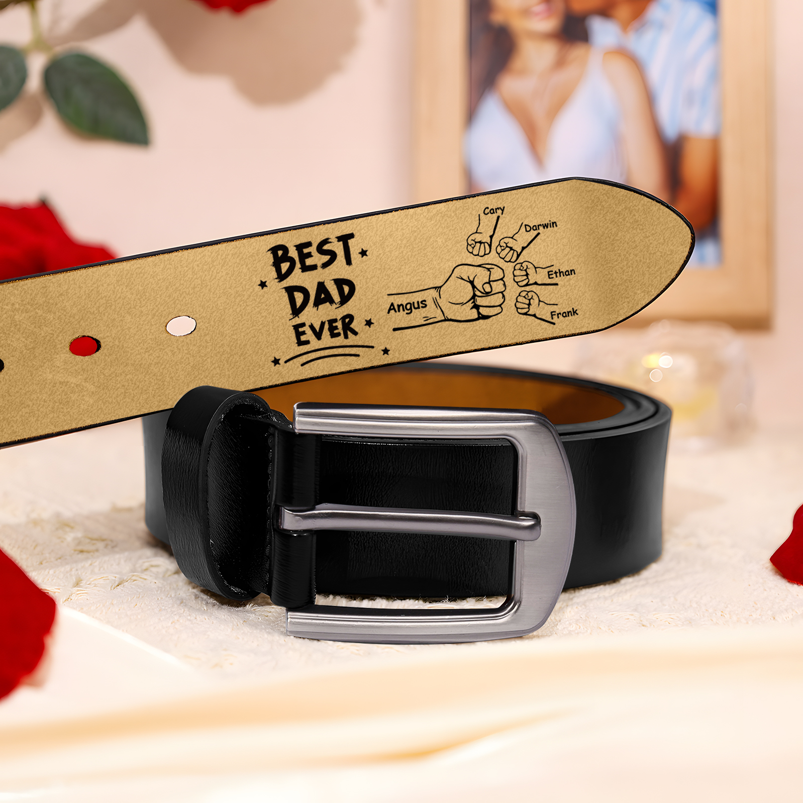 Personalised 5 Names Leather Belt, Custom Adjustable Man Belt Gift for Dad/Granddad | Jessemade