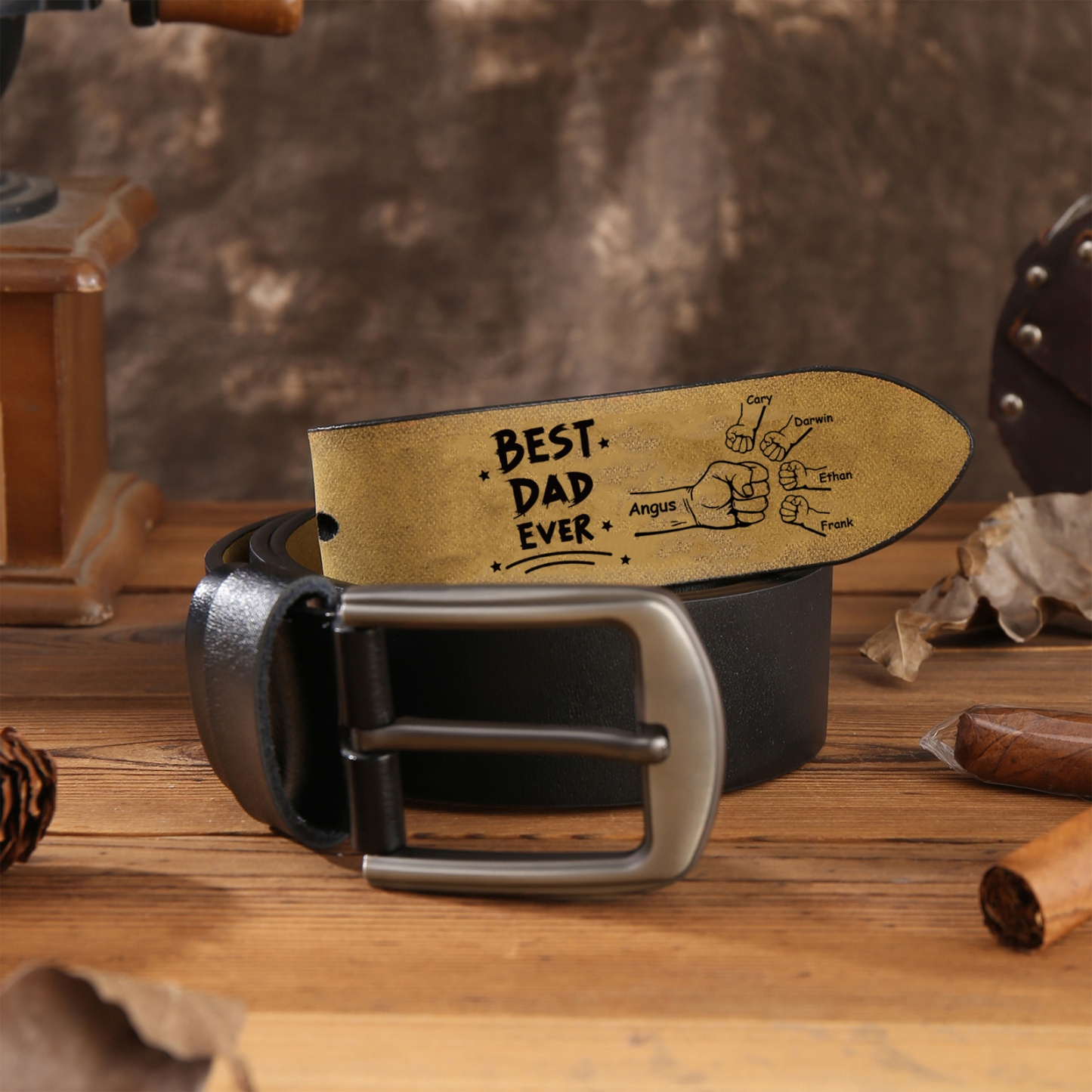 Personalised 5 Names Leather Belt, Custom Adjustable Man Belt Gift for Dad/Granddad | Jessemade