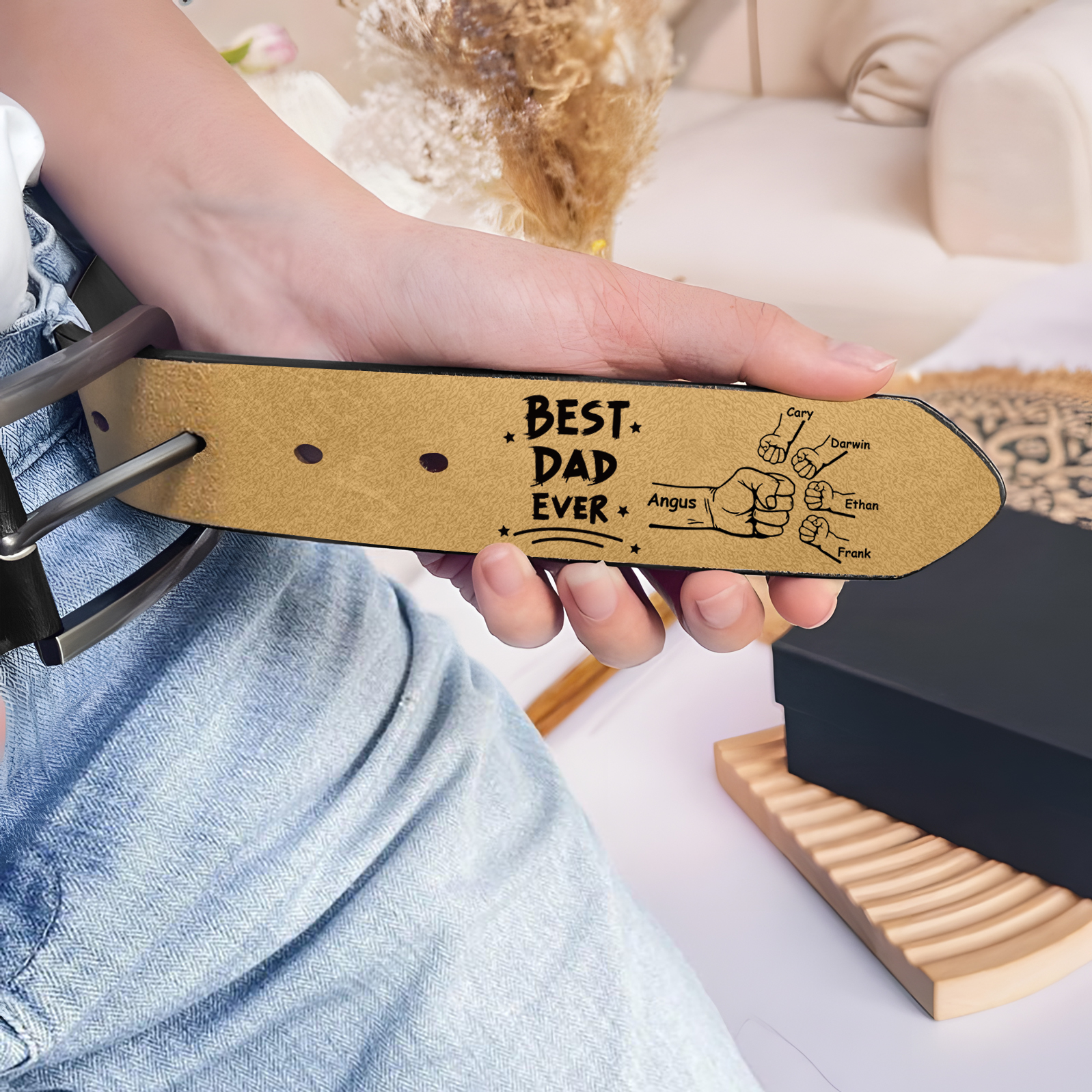 Personalised 5 Names Leather Belt, Custom Adjustable Man Belt Gift for Dad/Granddad | Jessemade