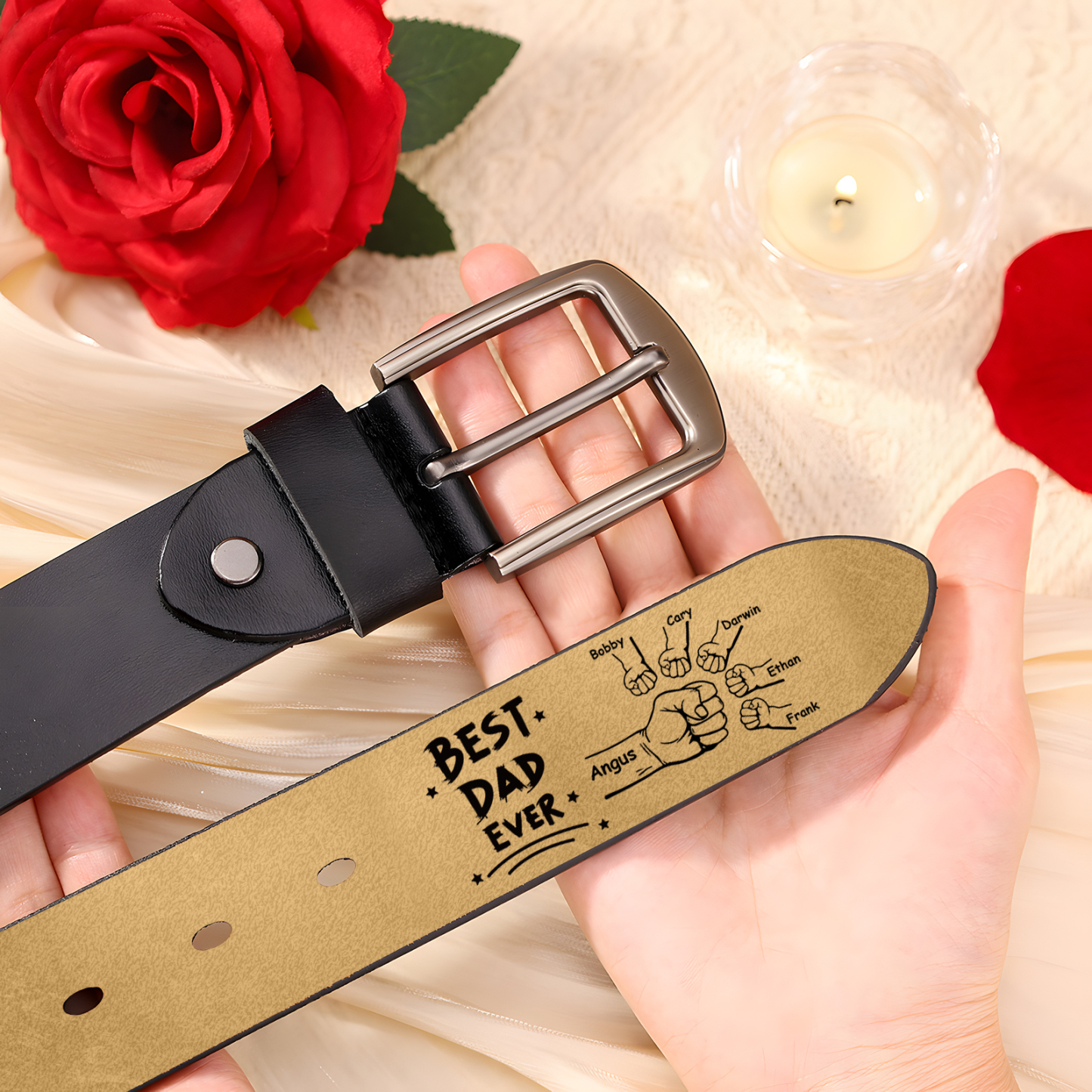 Personalised 6 Names Leather Belt, Custom Adjustable Man Belt Gift for Dad/Granddad | Jessemade