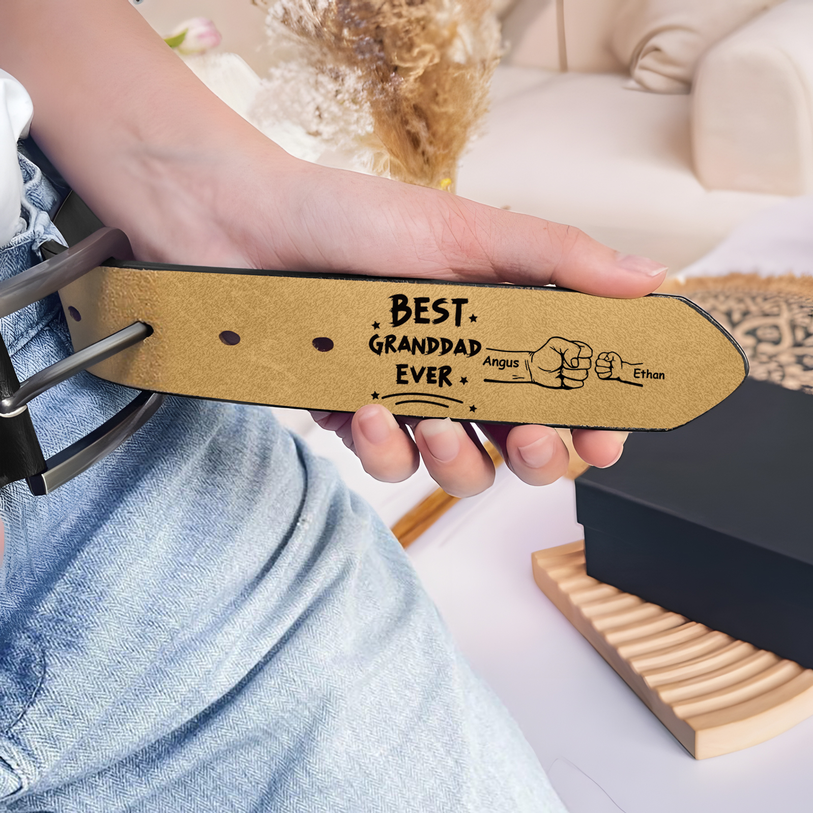 Personalised 2 Names Leather Belt, Custom Adjustable Man Belt Gift for Dad/Granddad | Jessemade