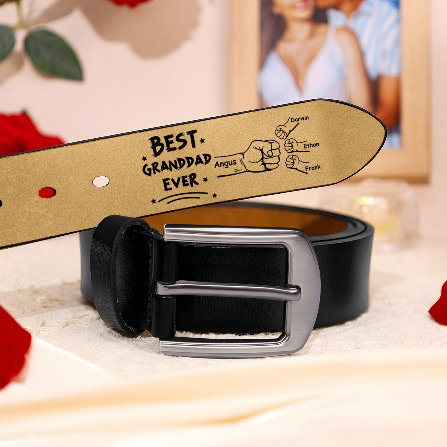 Personalised 4 Names Leather Belt, Custom Adjustable Man Belt Gift for Dad/Granddad | Jessemade
