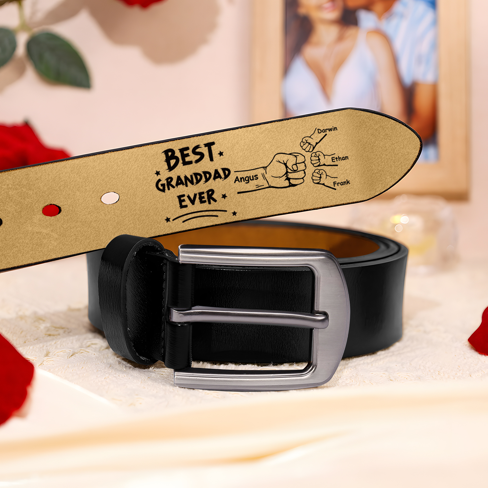 Personalised 4 Names Leather Belt, Custom Adjustable Man Belt Gift for Dad/Granddad | Jessemade