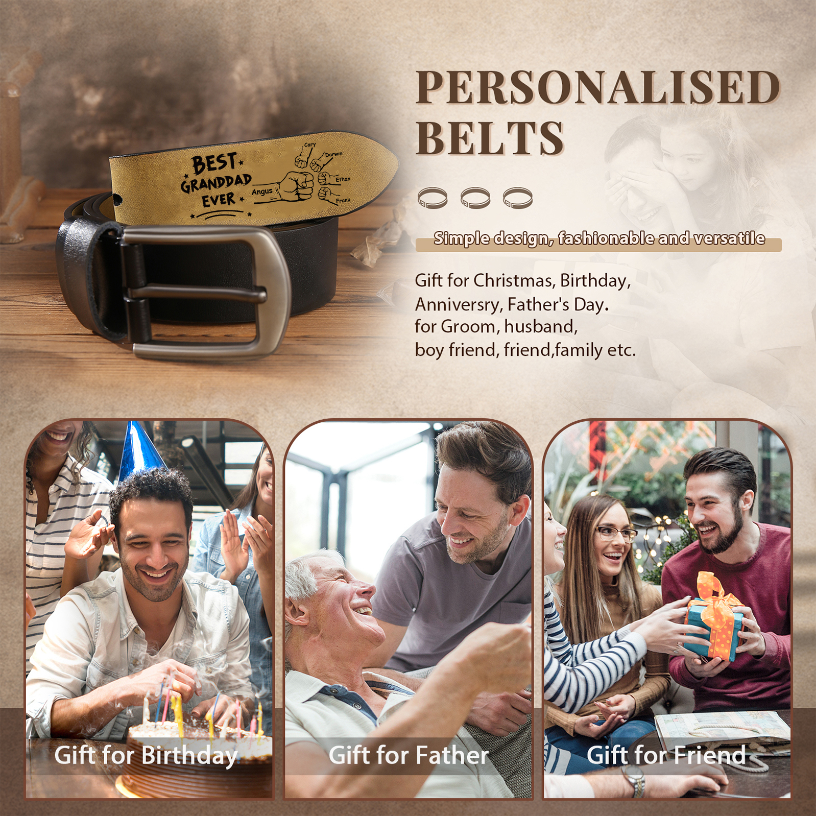 Personalised 5 Names Leather Belt, Custom Adjustable Man Belt Gift for Dad/Granddad | Jessemade