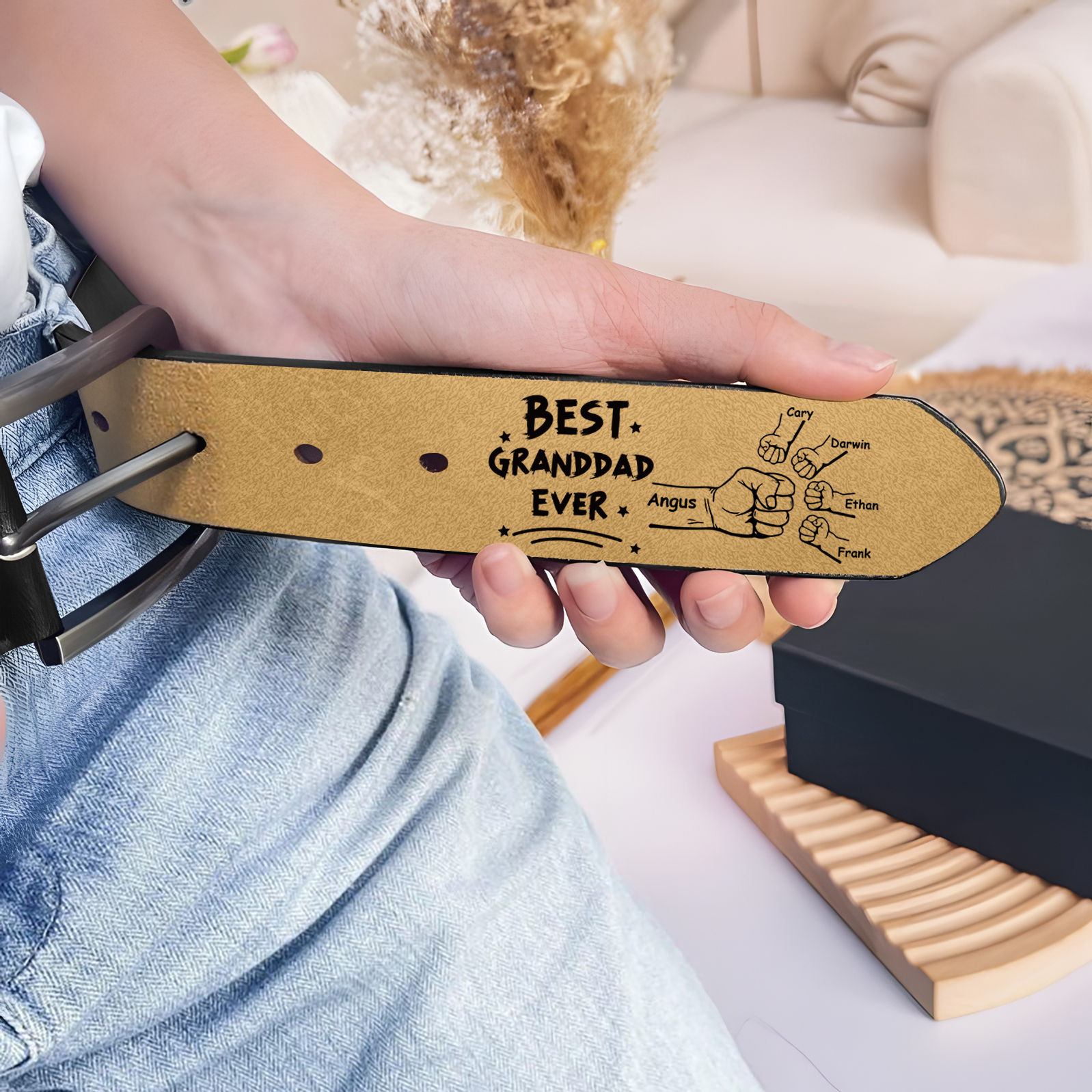 Personalised 5 Names Leather Belt, Custom Adjustable Man Belt Gift for Dad/Granddad | Jessemade