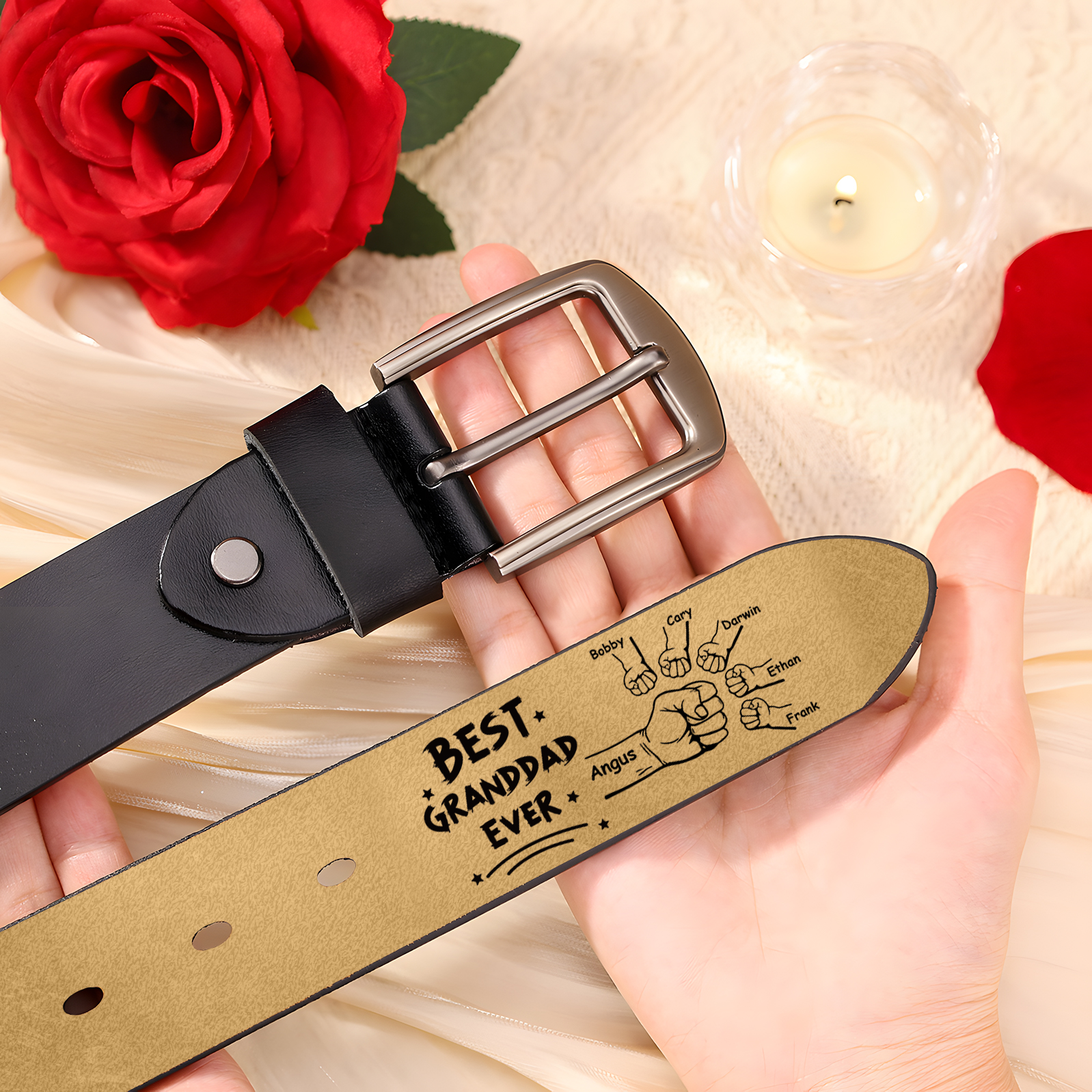 Personalised 6 Names Leather Belt, Custom Adjustable Man Belt Gift for Dad/Granddad | Jessemade