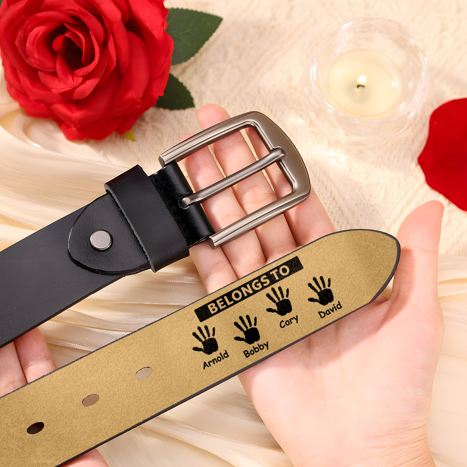 Personalised 4 Names&2 Texts Leather Belt, Custom Adjustable Man Belt Gift for Dad | Jessemade