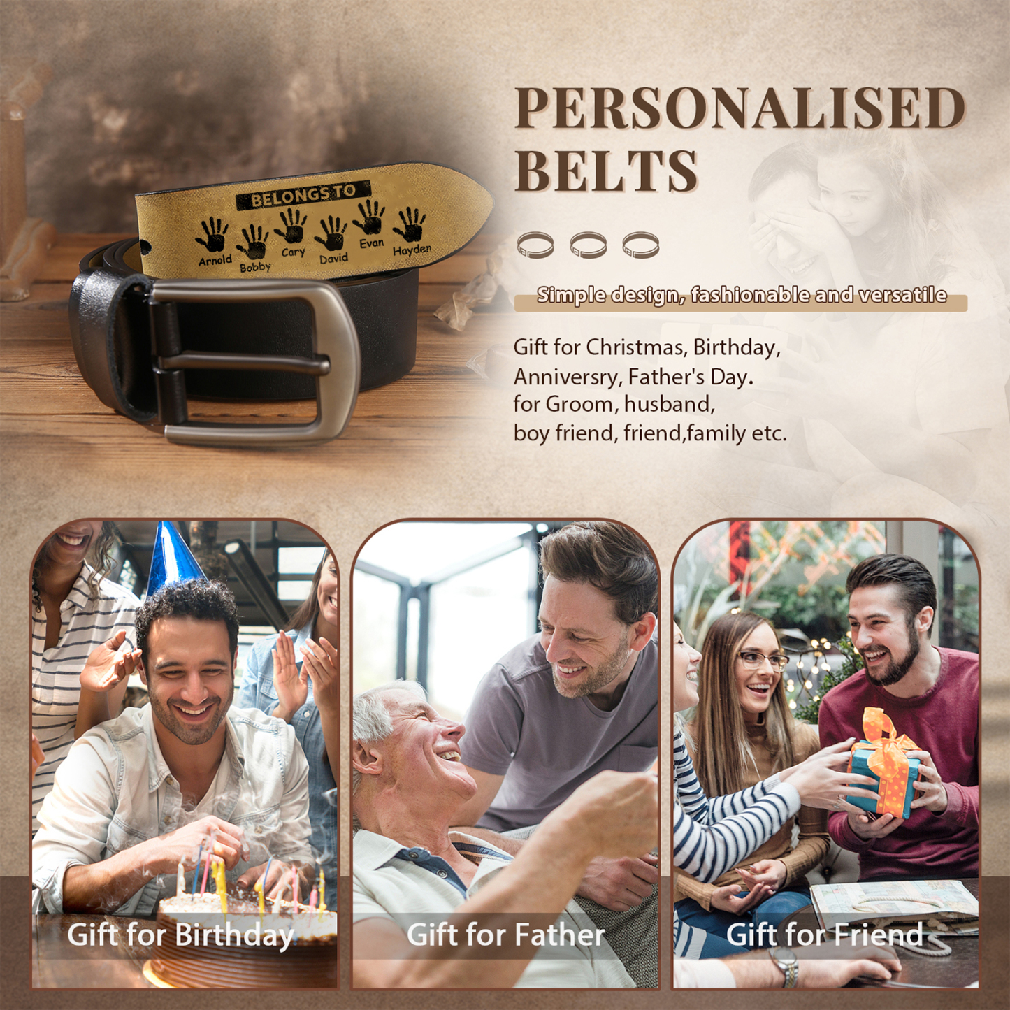 Personalised 6 Names&2 Texts Leather Belt, Custom Adjustable Man Belt Gift for Husband, Boyfriend, Dad | Jessemade