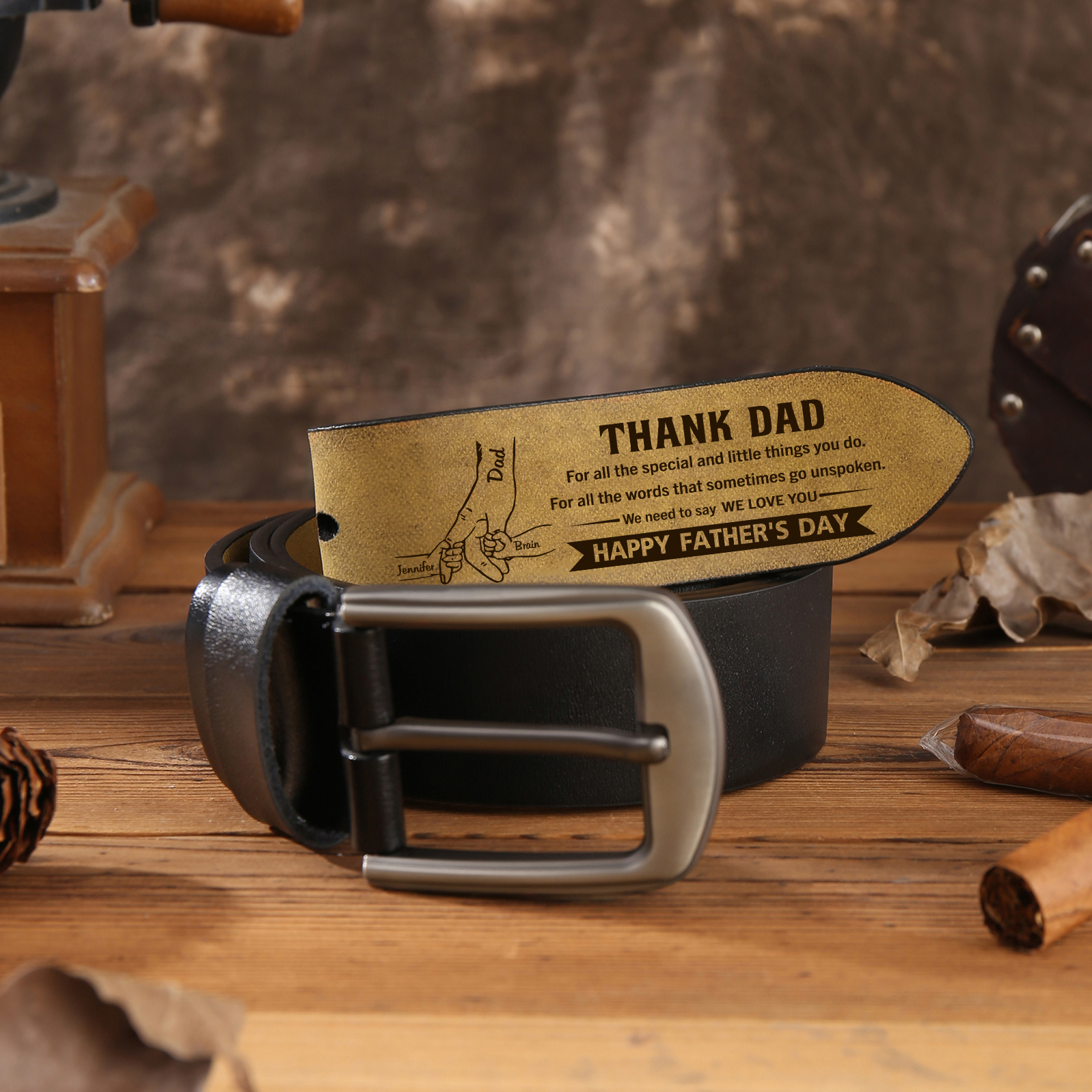 3 Names Holding Hands Charm Personalised Leather Adjustable Belt – A Thoughtful Gift for Dad/Granddad | Jessemade