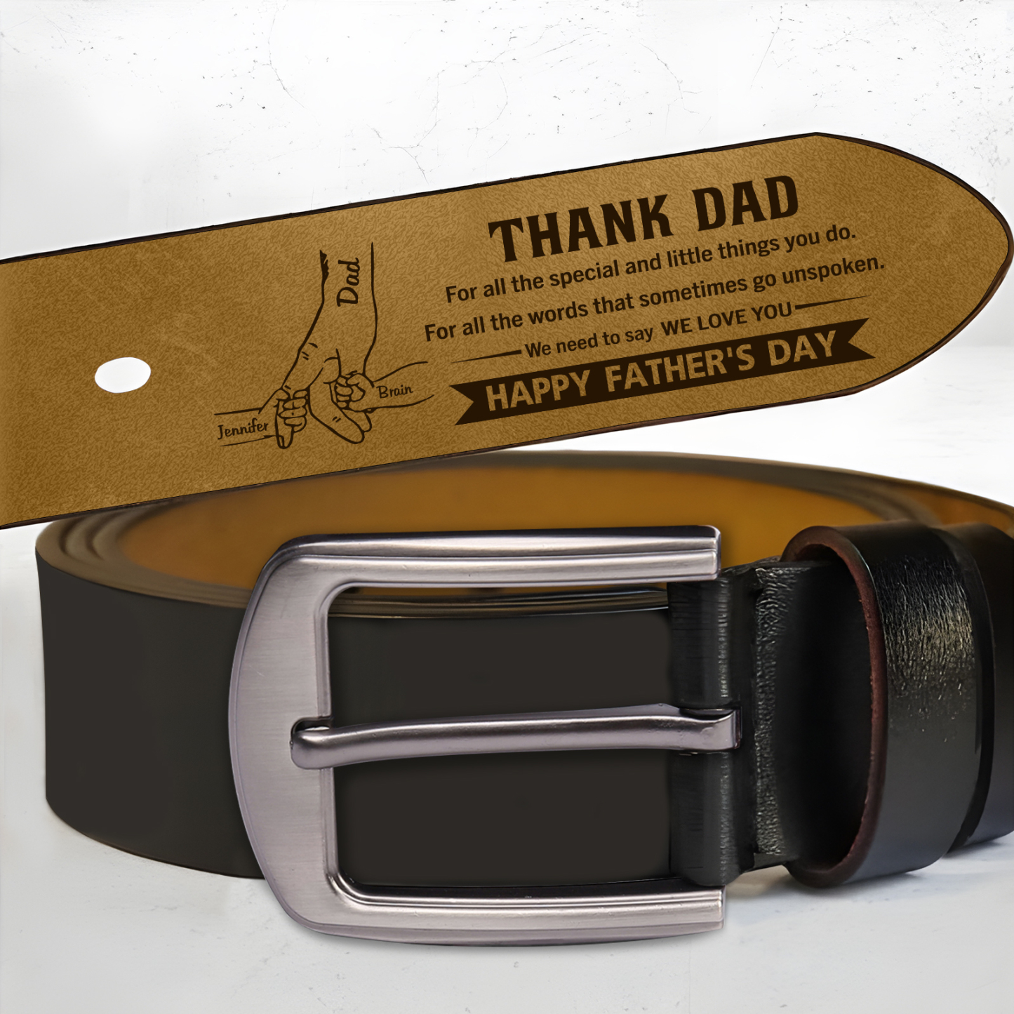 3 Names Holding Hands Charm Personalised Leather Adjustable Belt – A Thoughtful Gift for Dad/Granddad | Jessemade