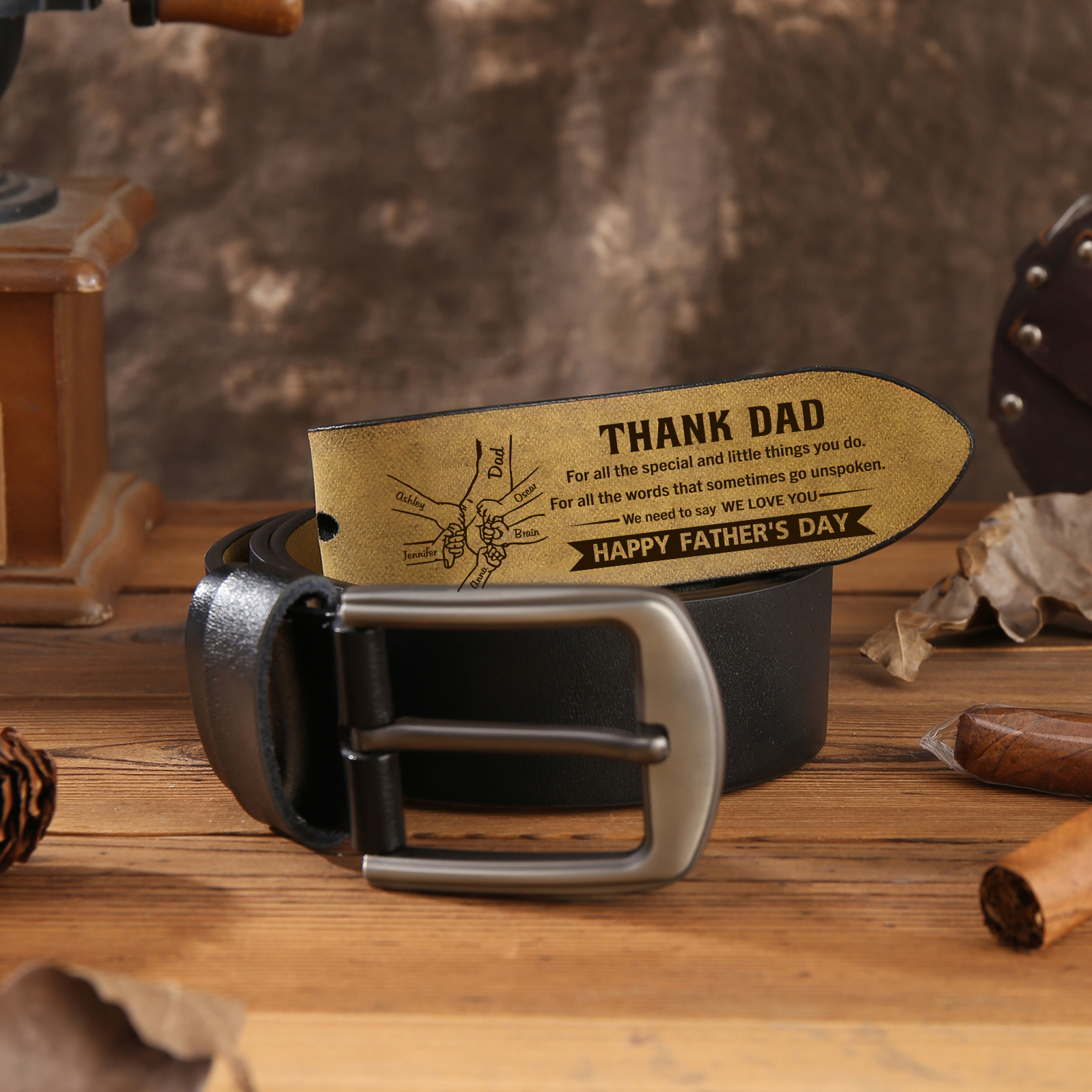 6 Names Holding Hands Charm Personalised Leather Adjustable Belt – A Thoughtful Gift for Dad/Granddad | Jessemade