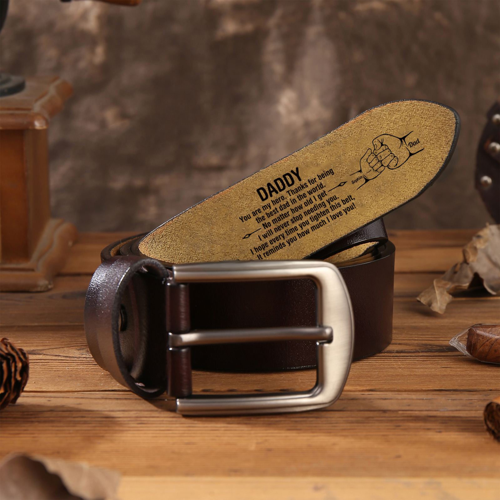 2 Names Personalised Fist Leather Belt, Custom Adjustable Man Belt Gift for Dad | Jessemade