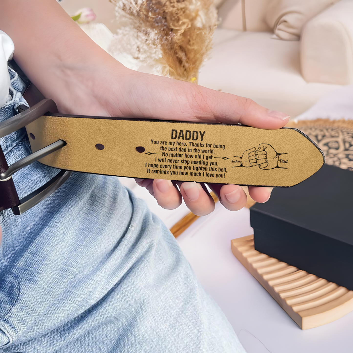 2 Names Personalised Fist Leather Belt, Custom Adjustable Man Belt Gift for Dad | Jessemade