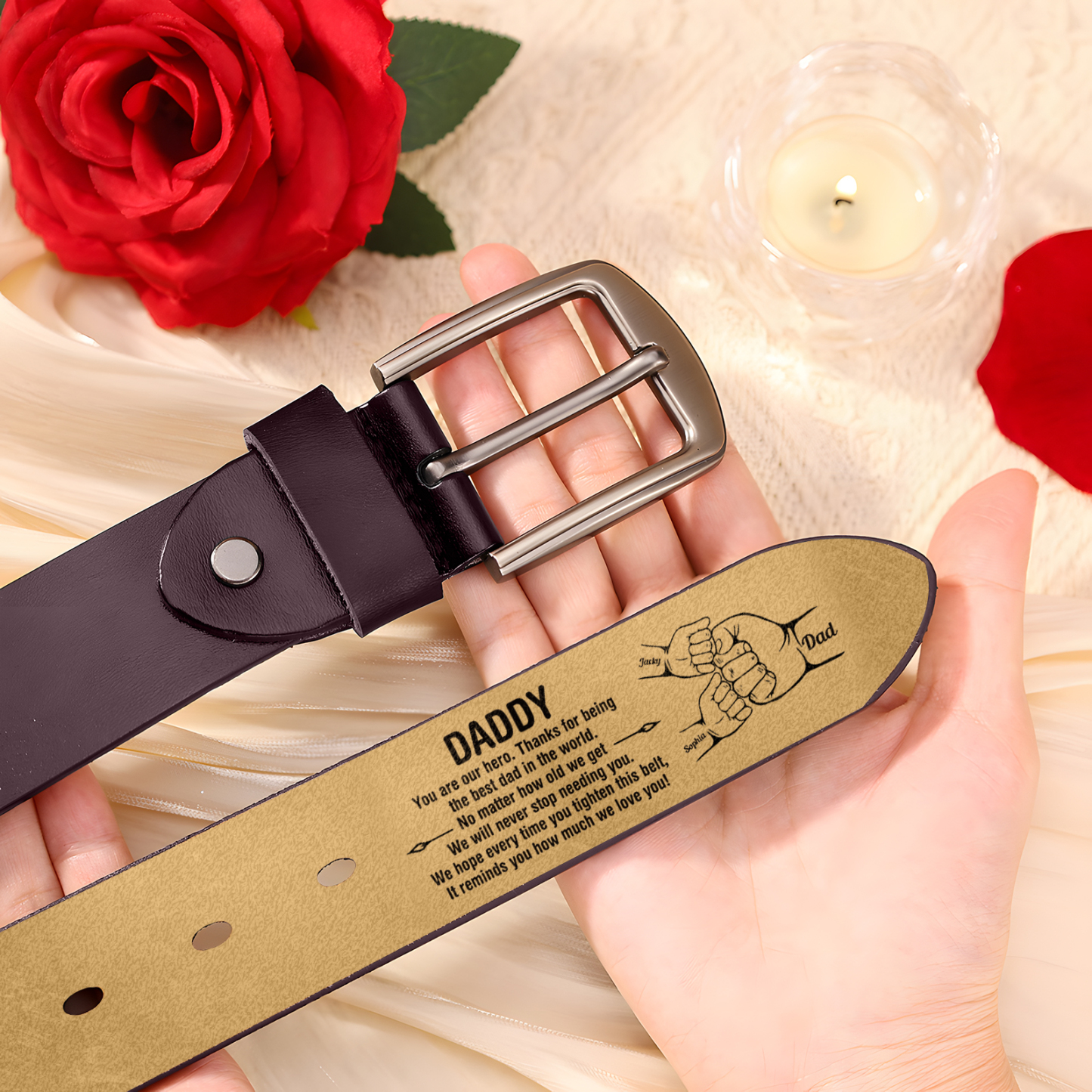 3 Names Personalised Fist Leather Belt, Custom Adjustable Man Belt Gift for Dad | Jessemade