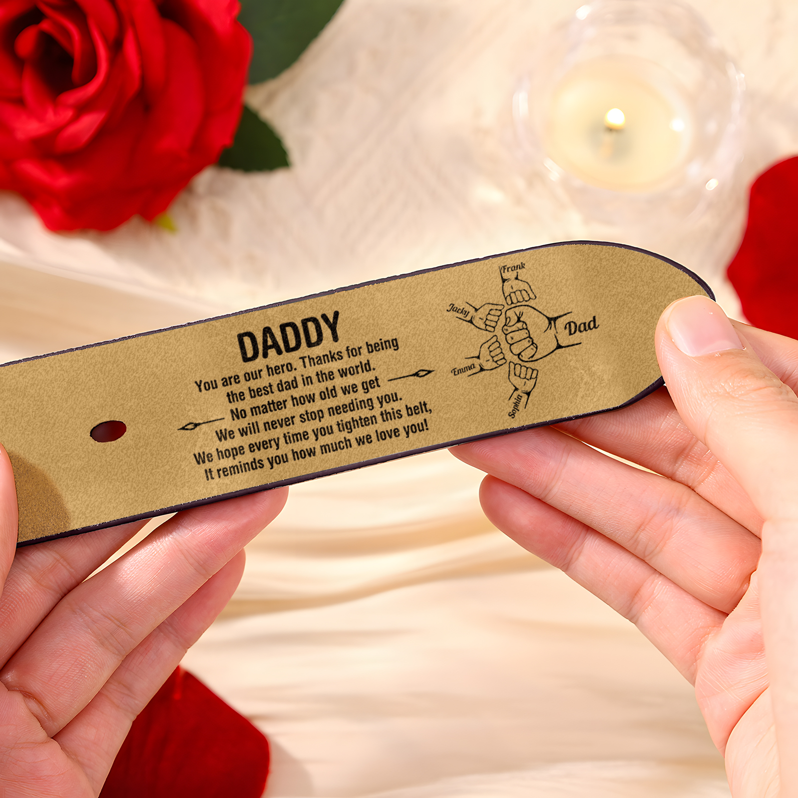 5 Names Personalised Fist Leather Belt, Custom Adjustable Man Belt Gift for Dad | Jessemade