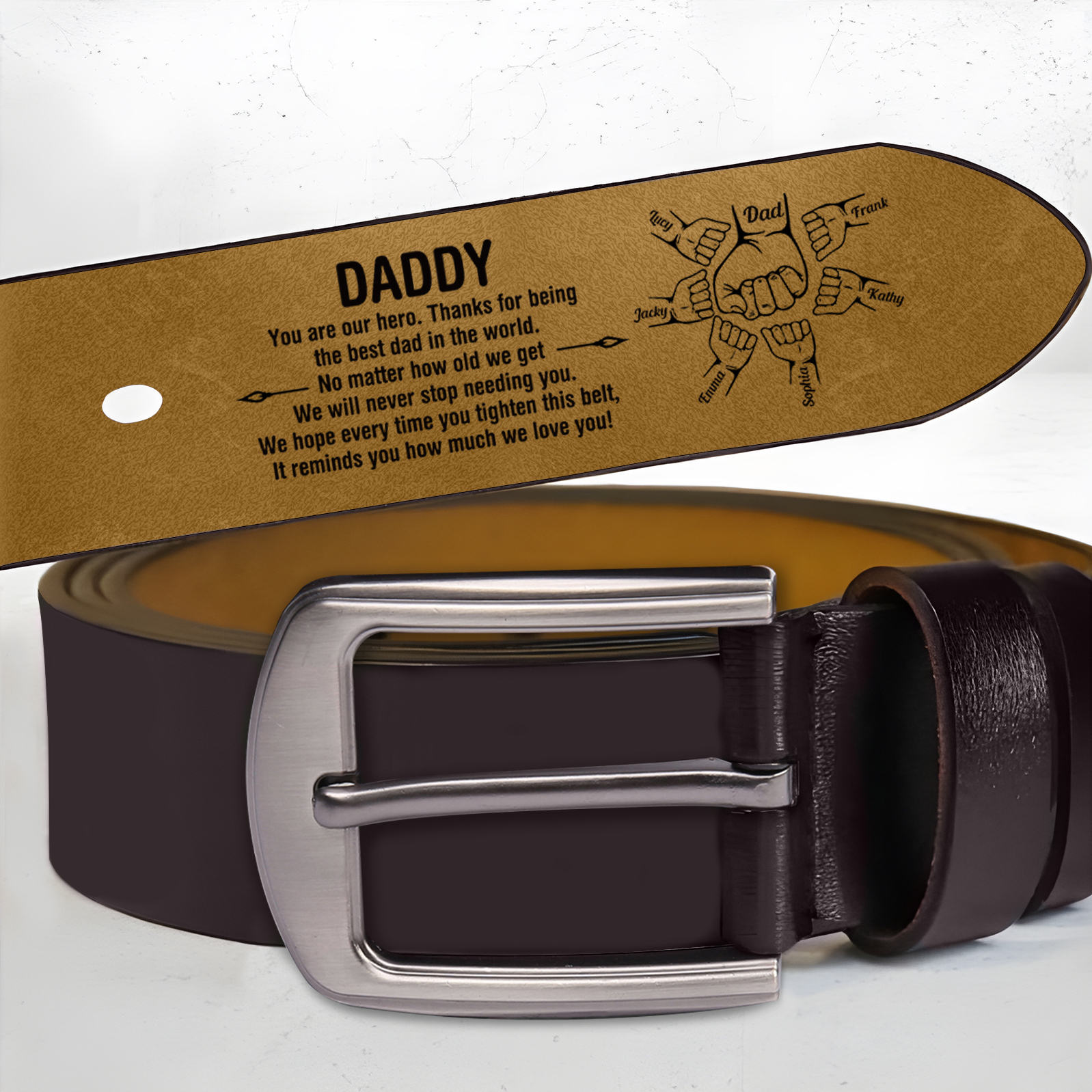 7 Names Personalised Fist Leather Belt, Custom Adjustable Man Belt Gift for Dad | Jessemade