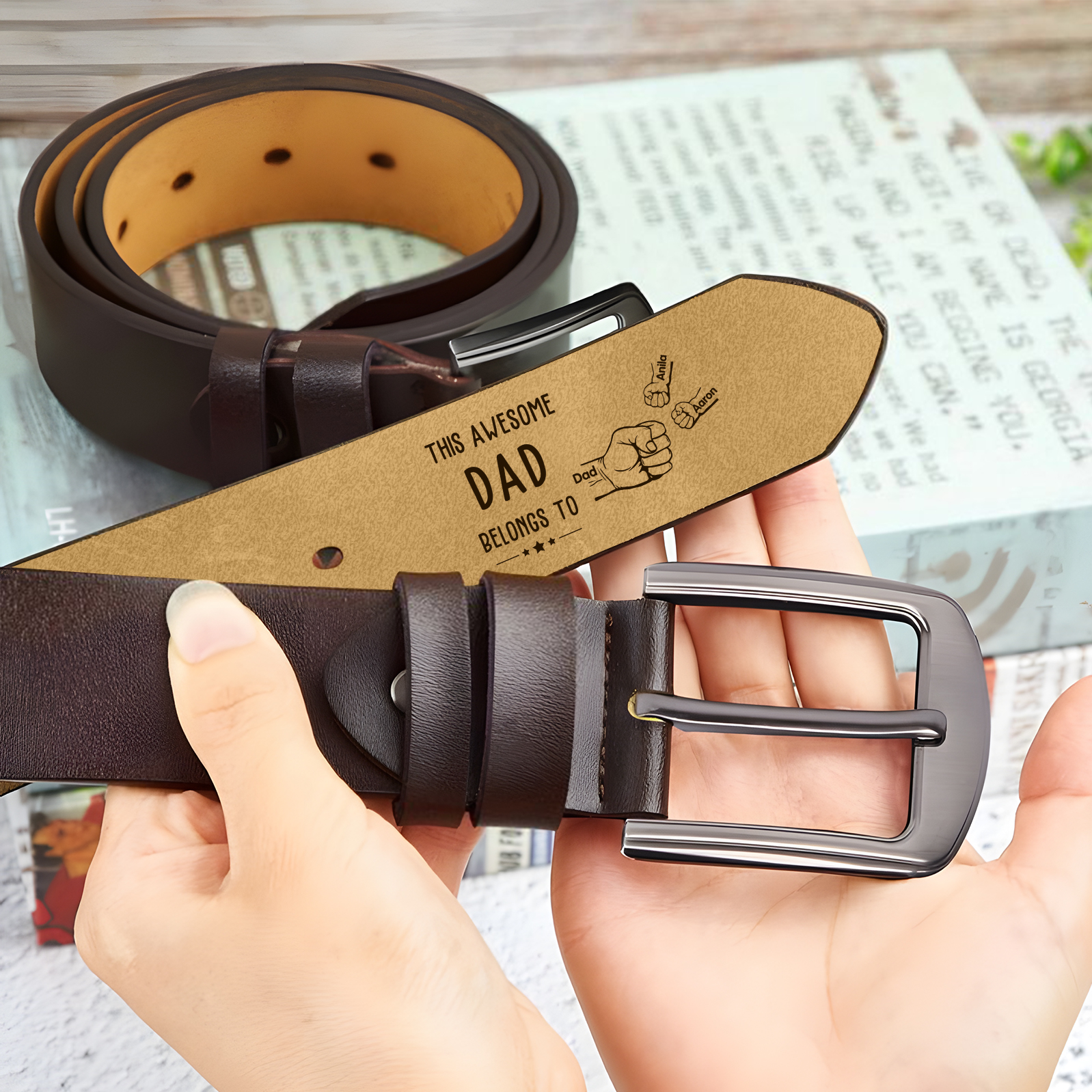 3 Names & 1 Nickname Personalised Fist Leather Belt, Custom Adjustable Man Belt Gift for Dad | Jessemade