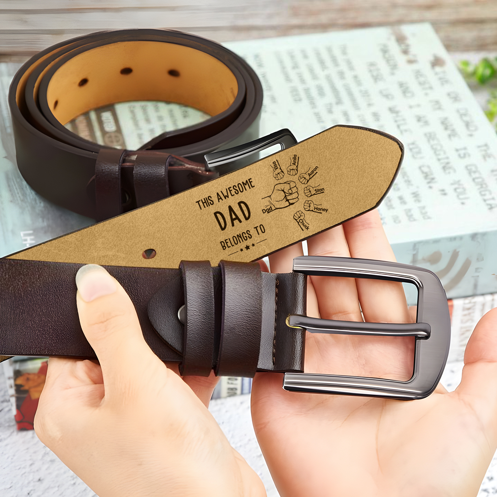 7 Names & 1 Nickname Personalised Fist Leather Belt, Custom Adjustable Man Belt Gift for Dad | Jessemade