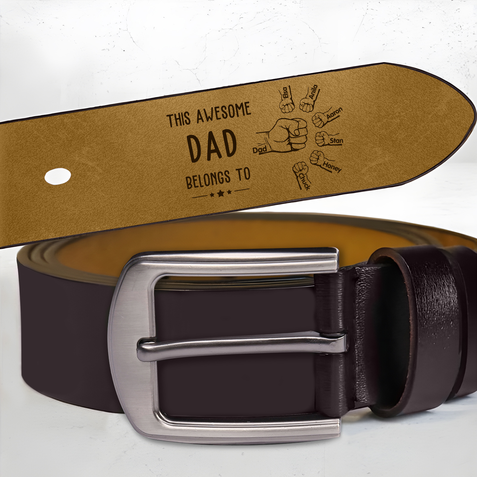 7 Names & 1 Nickname Personalised Fist Leather Belt, Custom Adjustable Man Belt Gift for Dad | Jessemade