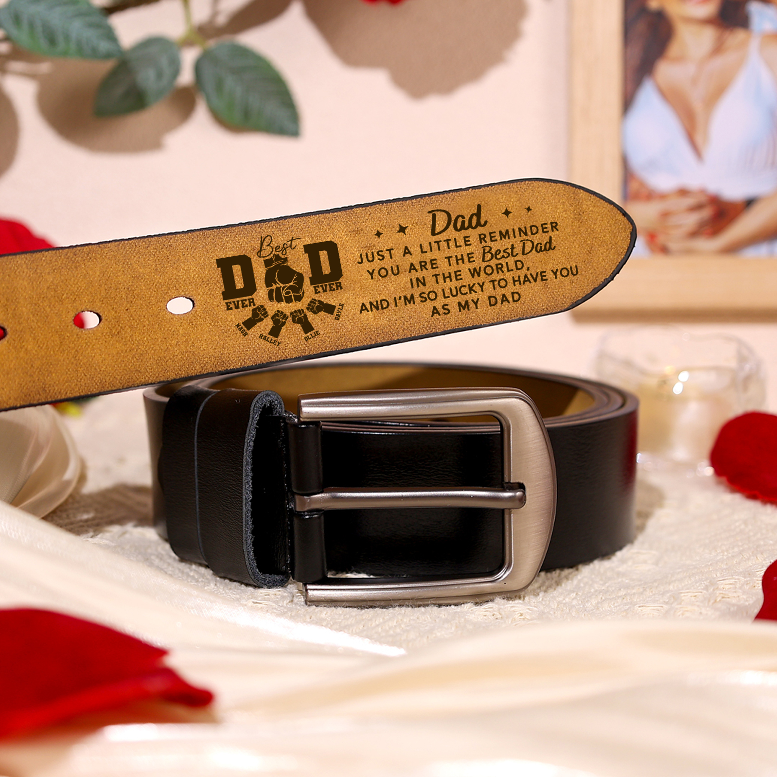 4 Names Fist Personalised Leather Belt Gift for Dad – Father’s Day Gif