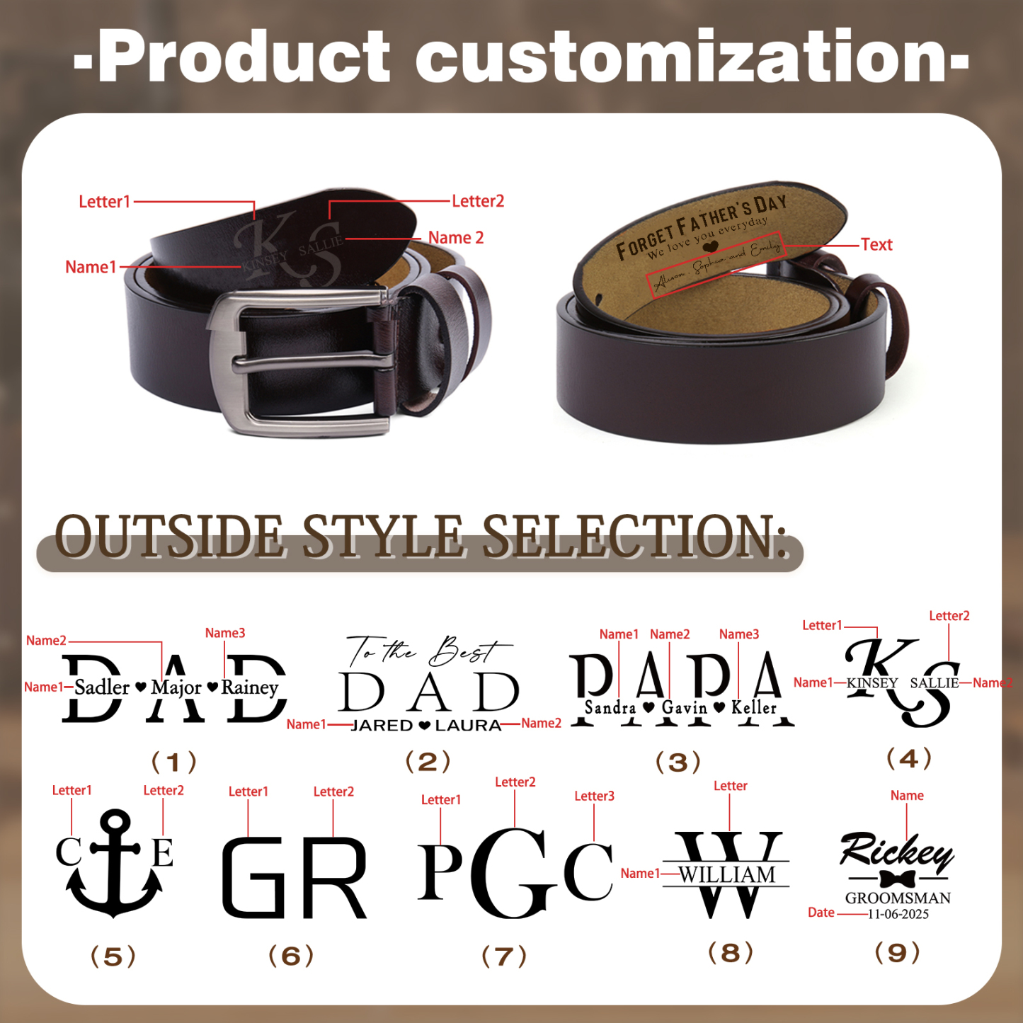 Personalised 2 Names, 2 Initials & 1 Text Adjustable Leather Belt - Father's Day Gift for Men| Jessemade