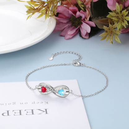 Personalised Infinity Anklet – Custom Birthstones & Engraved Names – Rhodium Plated, Adjustable Chain with Cubic Zirconia